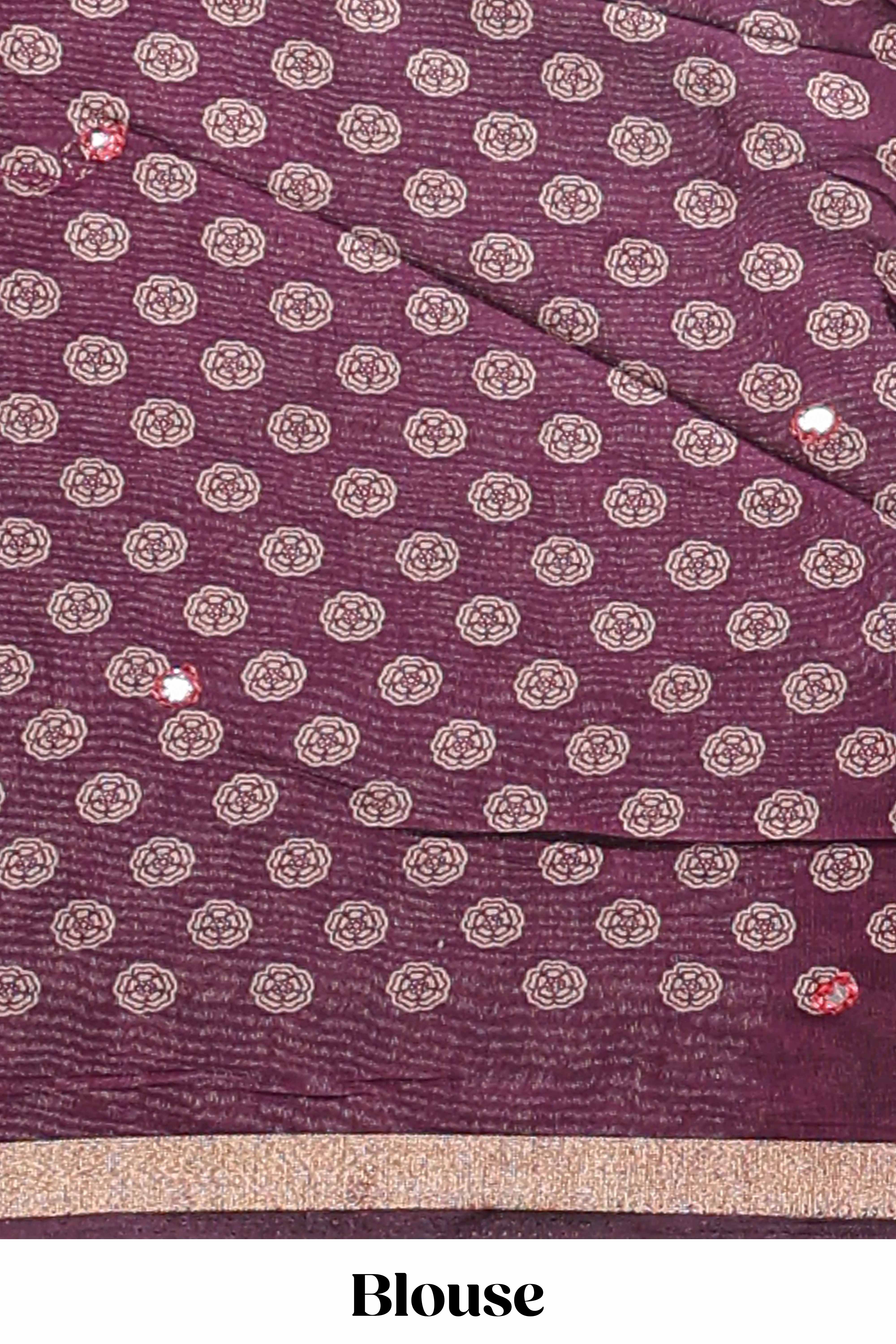 Purple floral design mirror work viscose georgette saree with self zari border and printed blouse