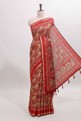 Red floral design mirror work viscose georgette saree with self zari border and printed blouse