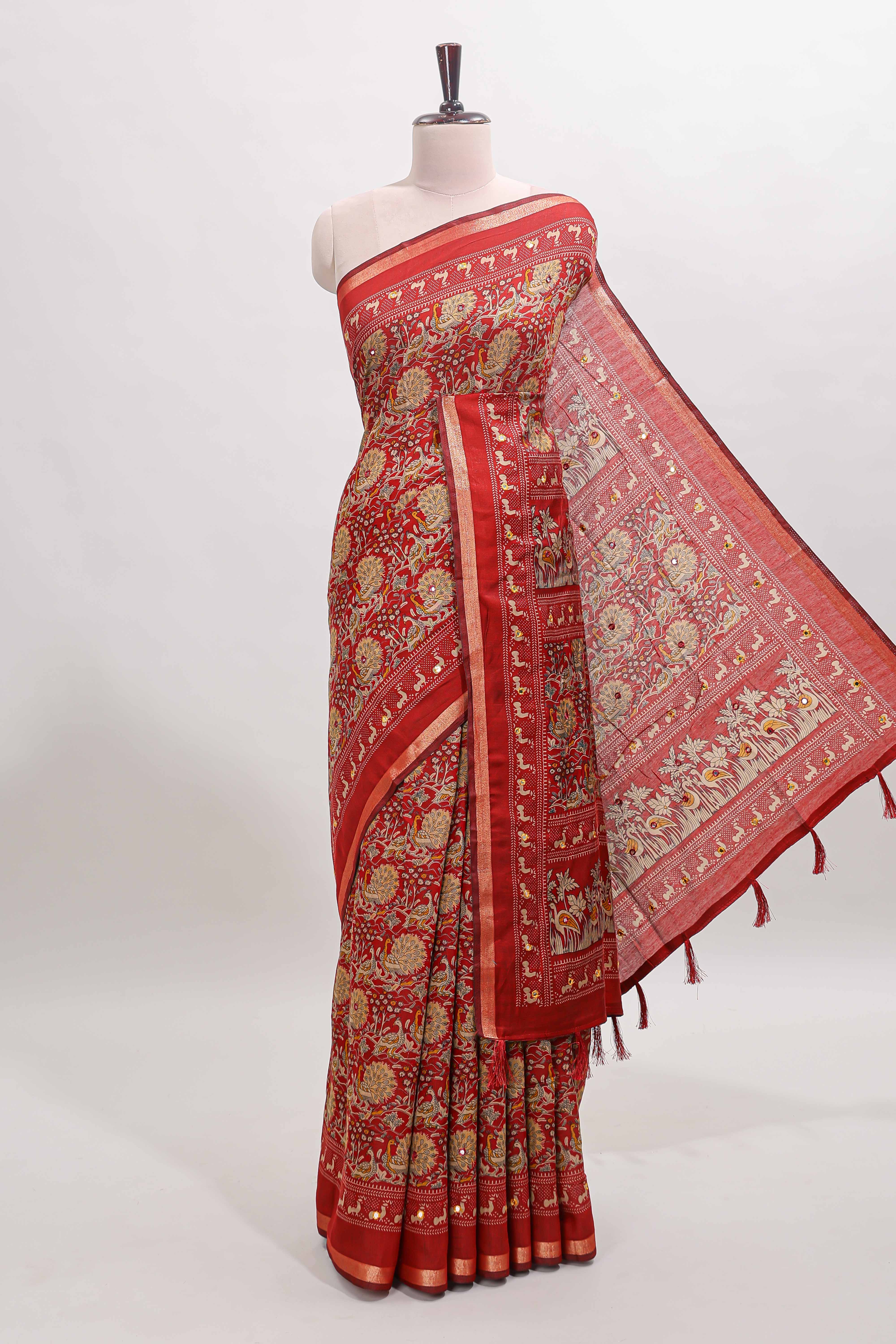 Red floral design mirror work viscose georgette saree with self zari border and printed blouse