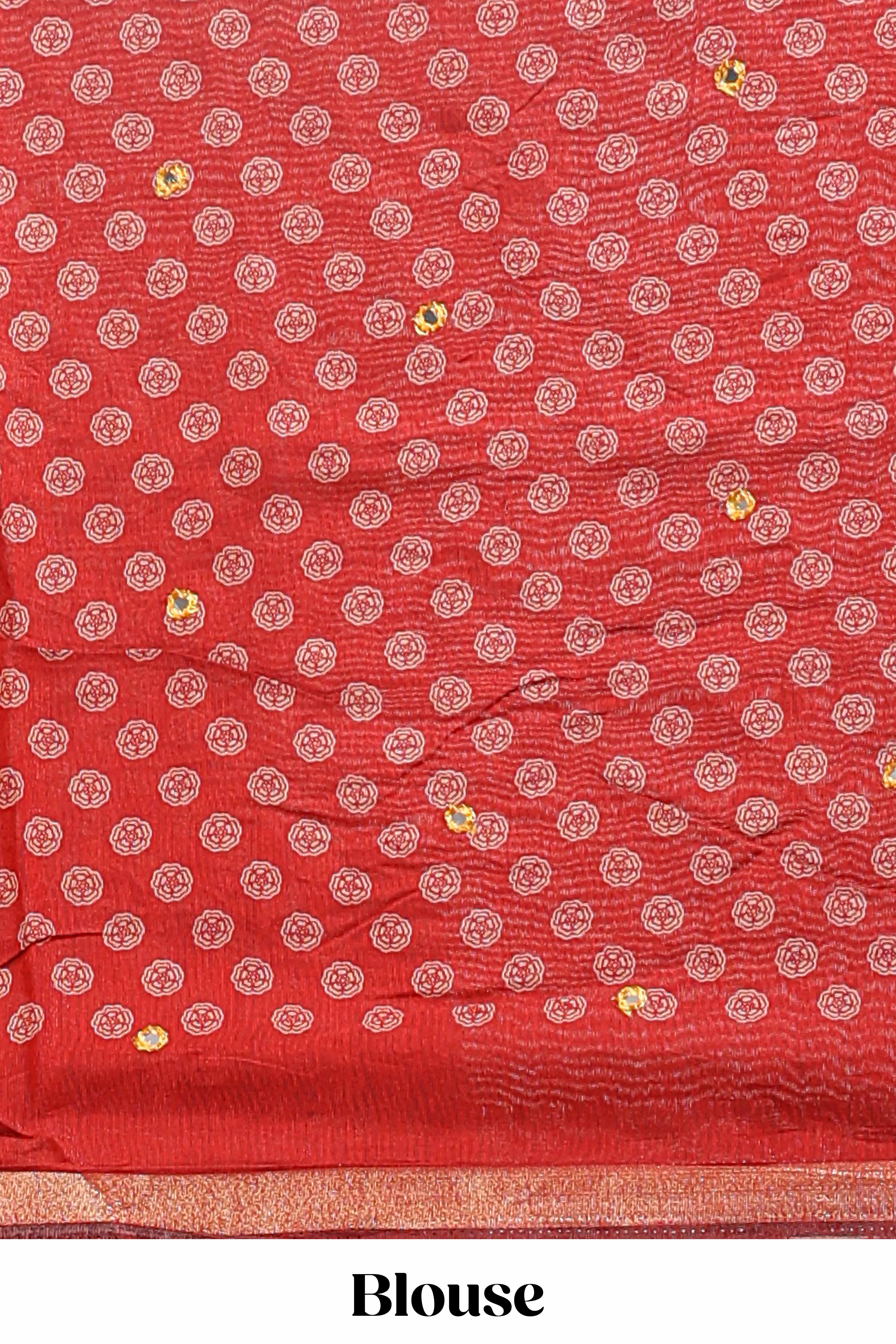 Red floral design mirror work viscose georgette saree with self zari border and printed blouse