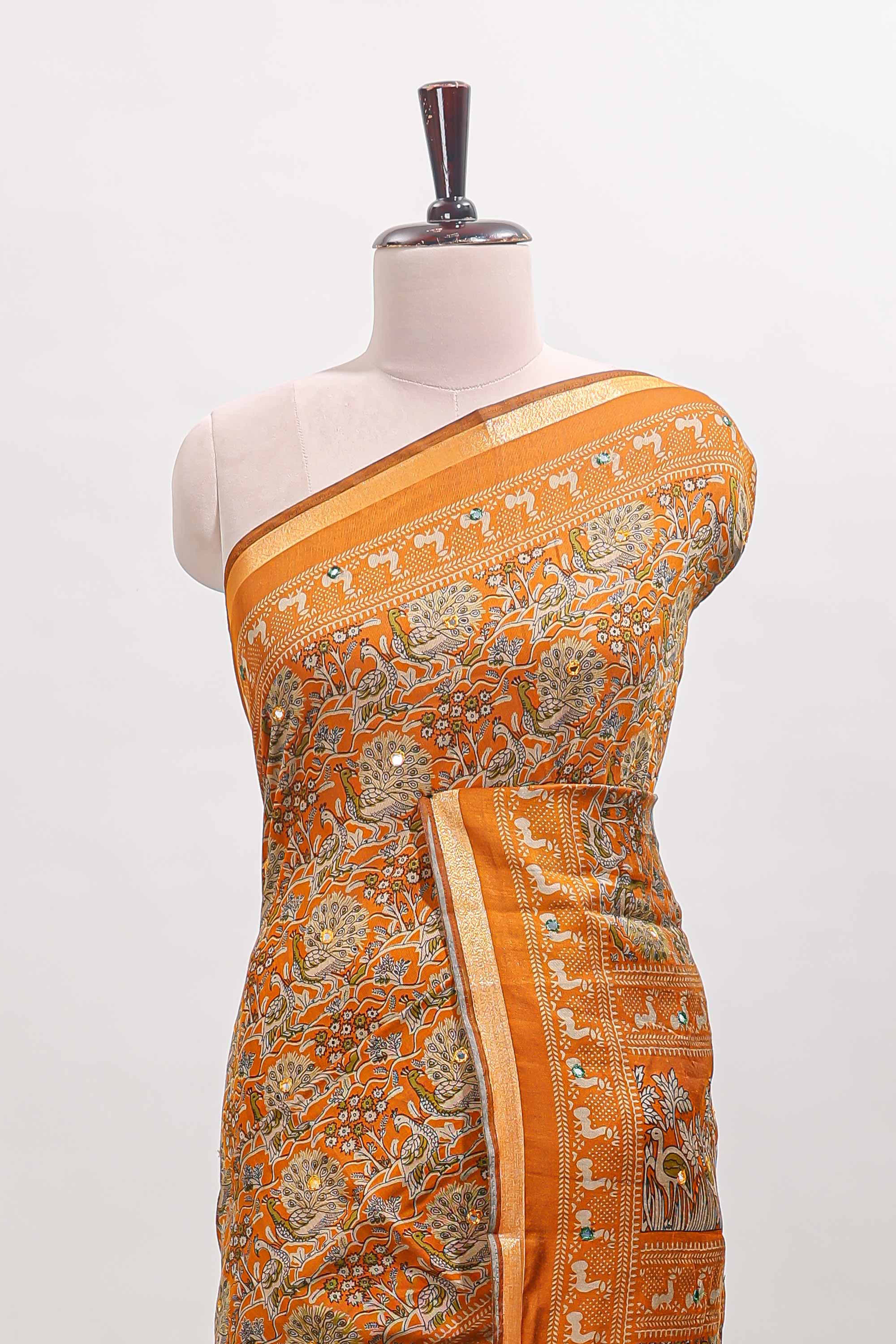 Mustard floral design mirror work viscose georgette saree with self zari border and printed blouse