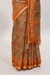 Mustard floral design mirror work viscose georgette saree with self zari border and printed blouse