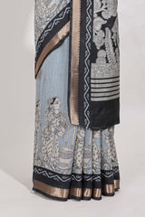 Powder Blue Viscose Georgette Saree All-over elegant ethnic detailing gold zari border and Statement pallu with artistic motifs with contrast printed blouse