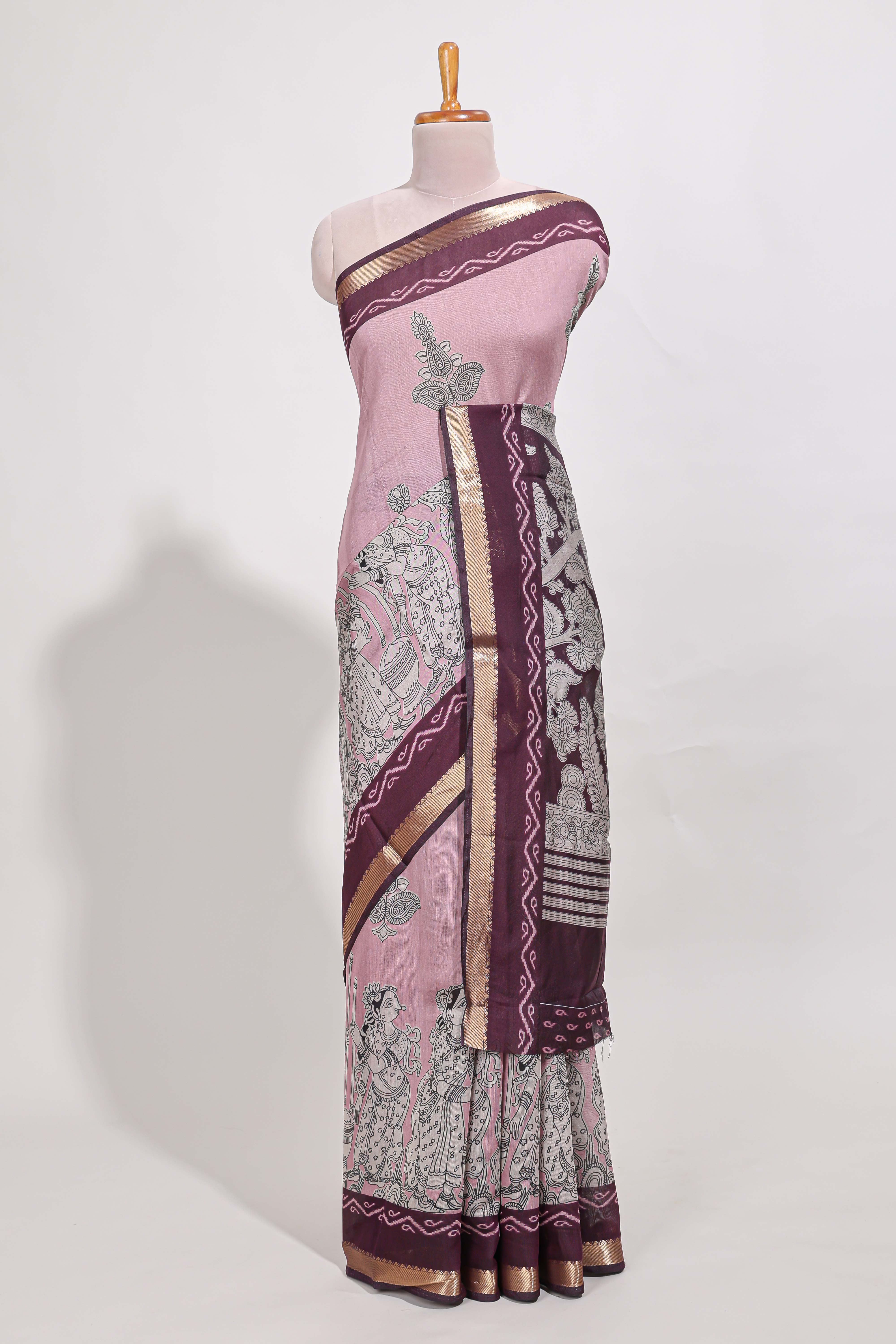 Rose Viscose Georgette Saree All-over elegant ethnic detailing gold zari border and Statement pallu with artistic motifs with contrast printed blouse