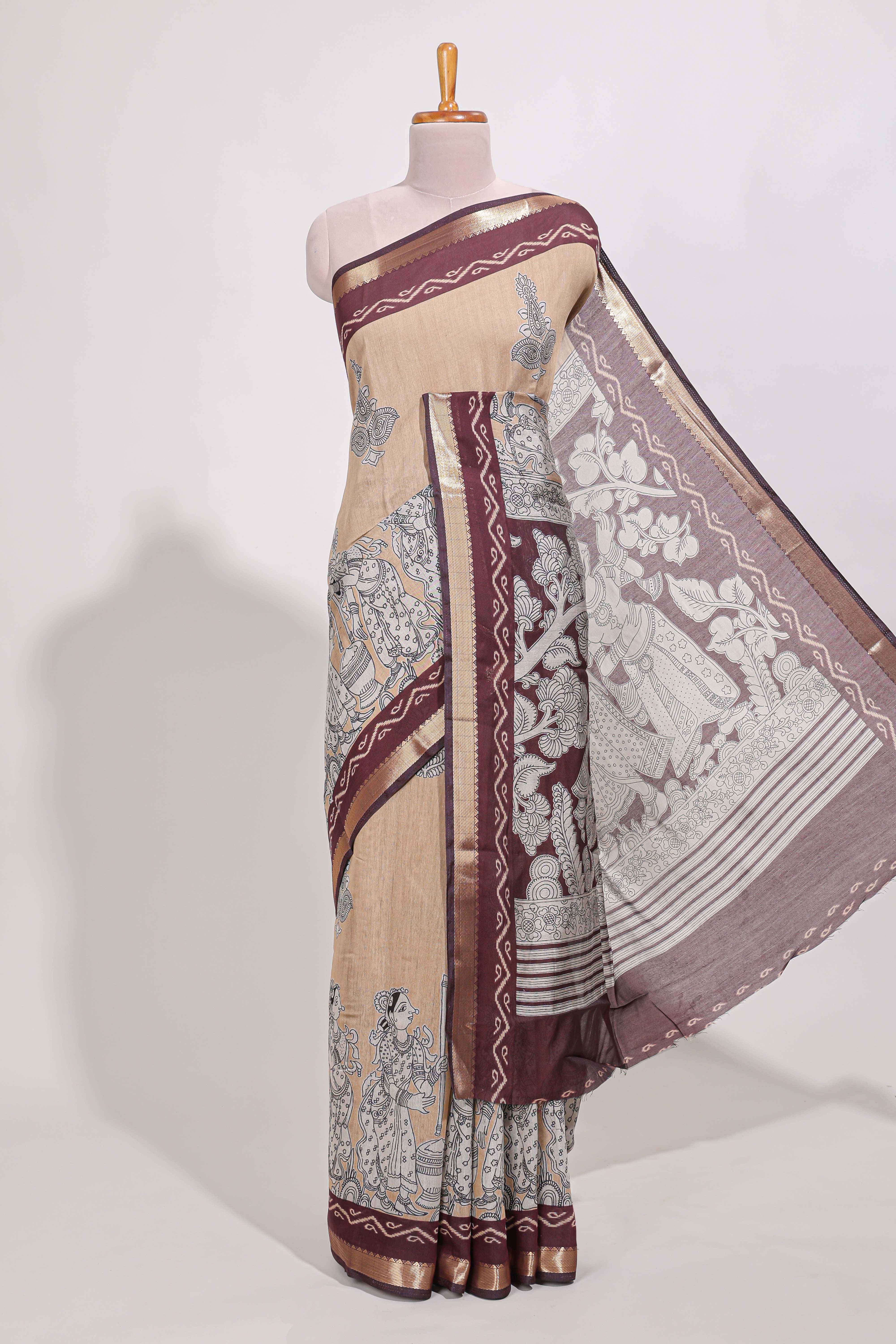 Powder Yellow Viscose Georgette Saree All-over elegant ethnic detailing gold zari border and Statement pallu with artistic motifs with contrast printed blouse