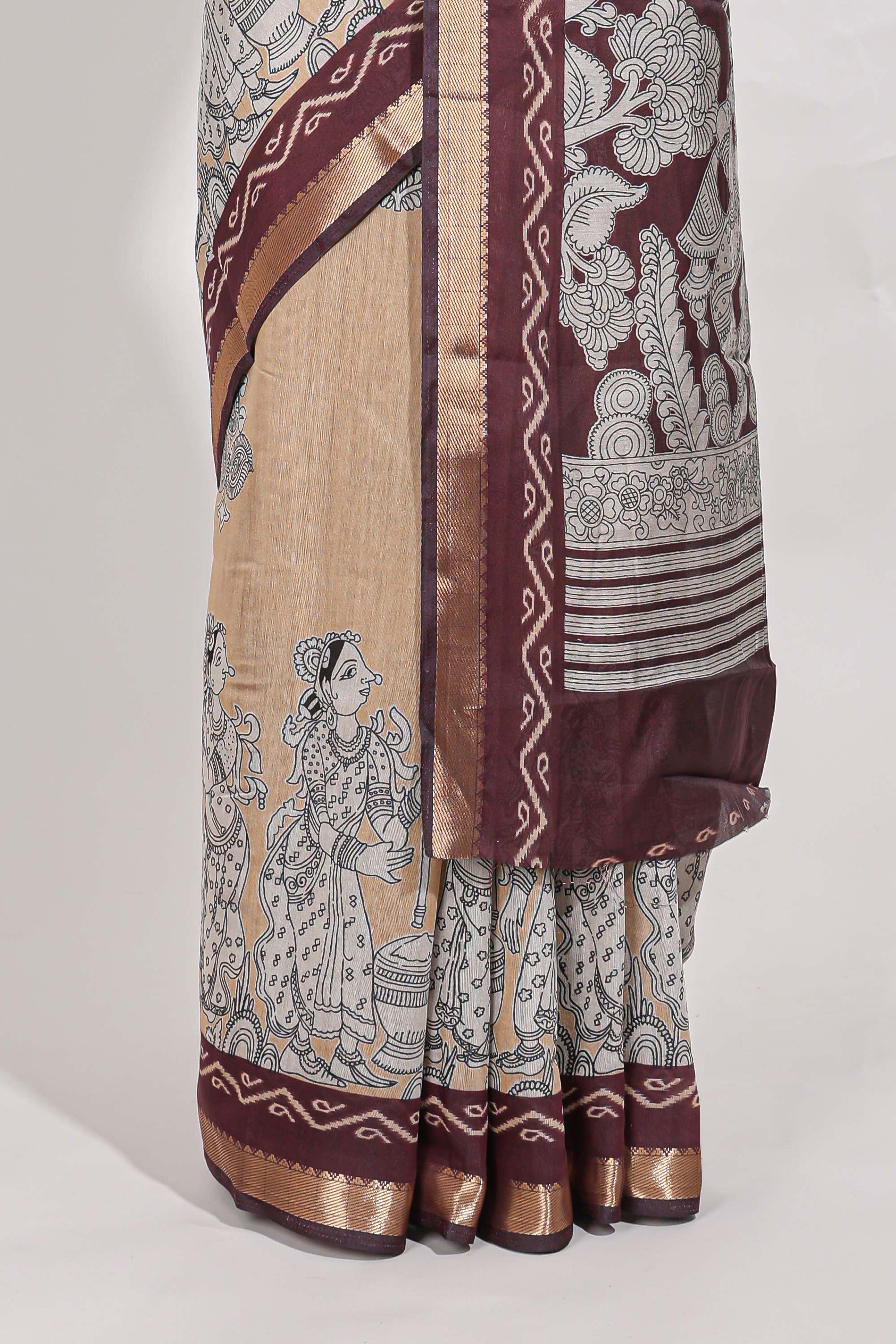 Powder Yellow Viscose Georgette Saree All-over elegant ethnic detailing gold zari border and Statement pallu with artistic motifs with contrast printed blouse