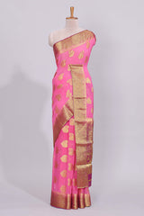 Pink floral zari motifs viscose georgette saree with contrast zari border and blouse