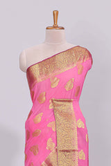 Pink floral zari motifs viscose georgette saree with contrast zari border and blouse