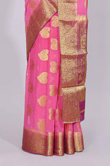 Pink floral zari motifs viscose georgette saree with contrast zari border and blouse