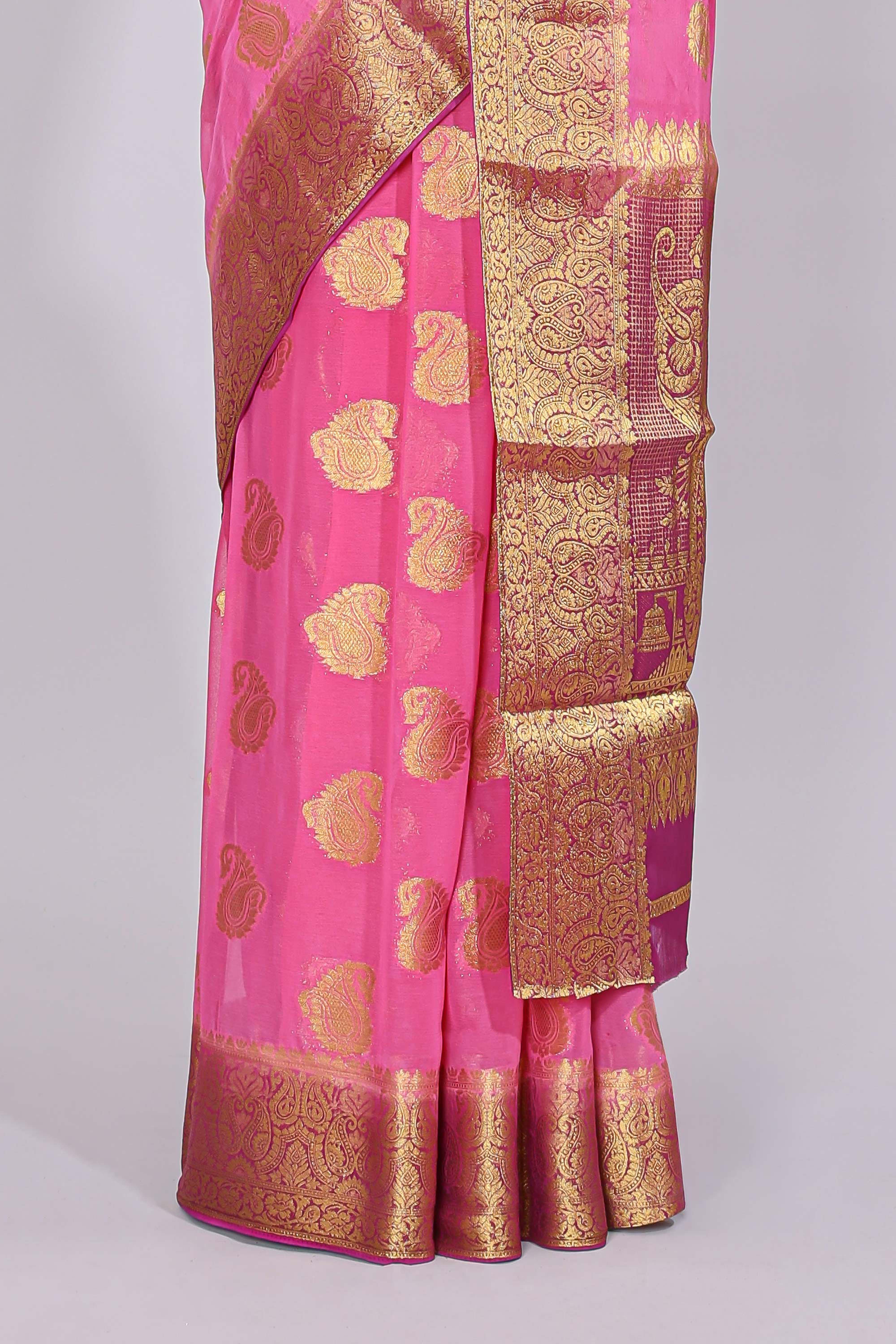 Pink floral zari motifs viscose georgette saree with contrast zari border and blouse