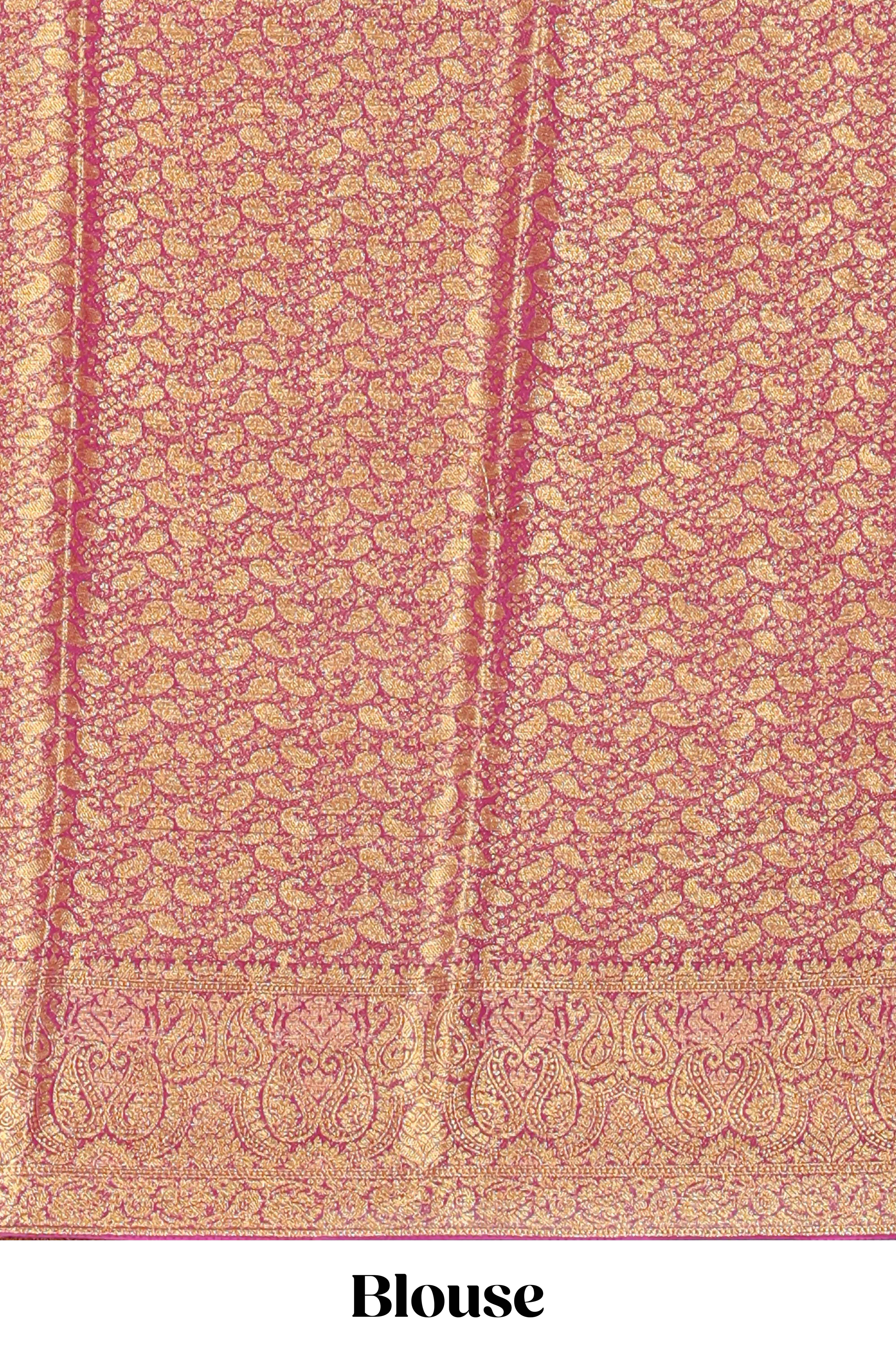 Pink floral zari motifs viscose georgette saree with contrast zari border and blouse