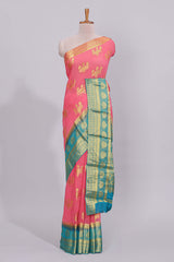 Pink floral zari motifs viscose georgette saree with contrast checked zari border and blouse