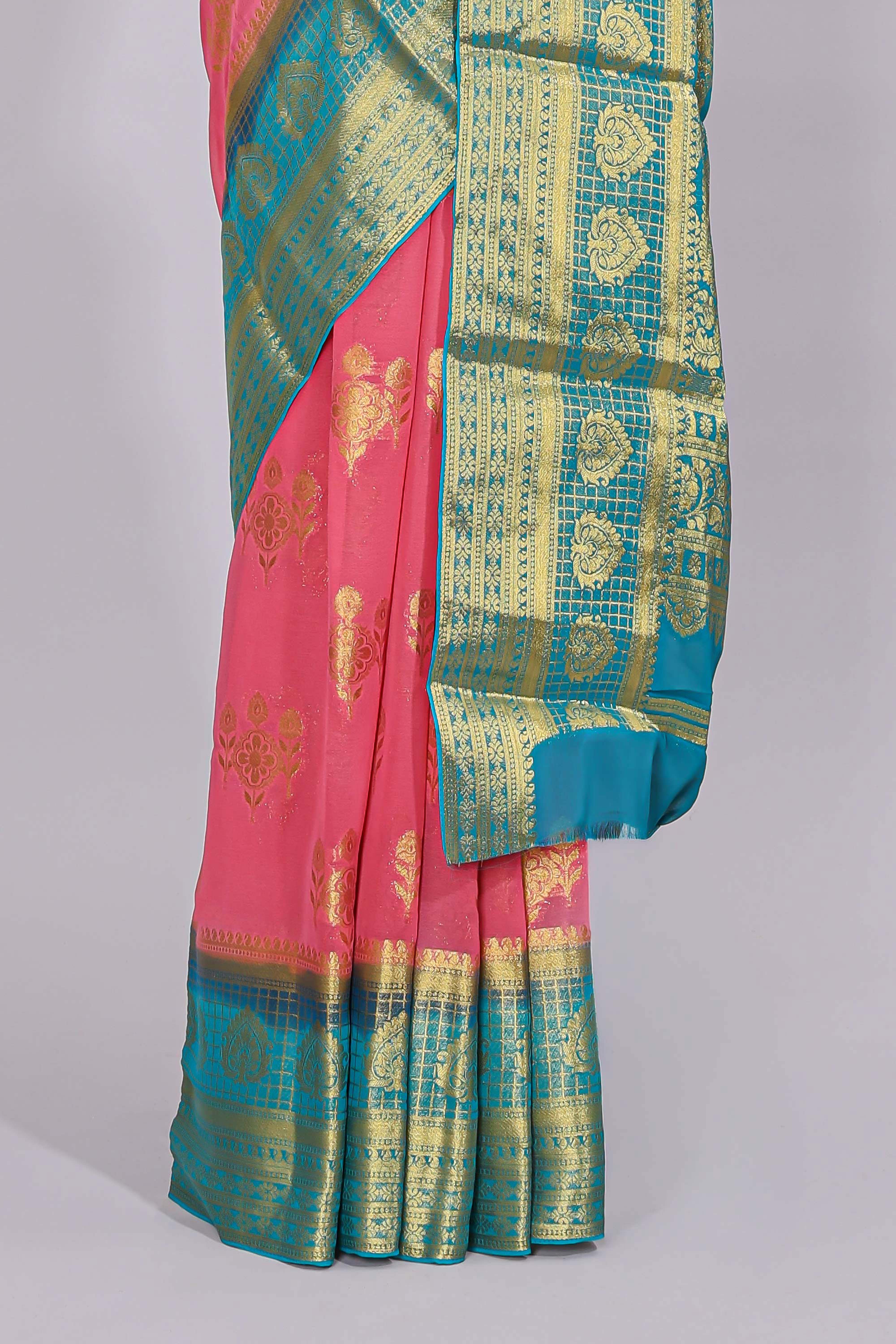 Pink floral zari motifs viscose georgette saree with contrast checked zari border and blouse