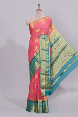 Pink floral zari motifs viscose georgette saree with contrast checked zari border and blouse