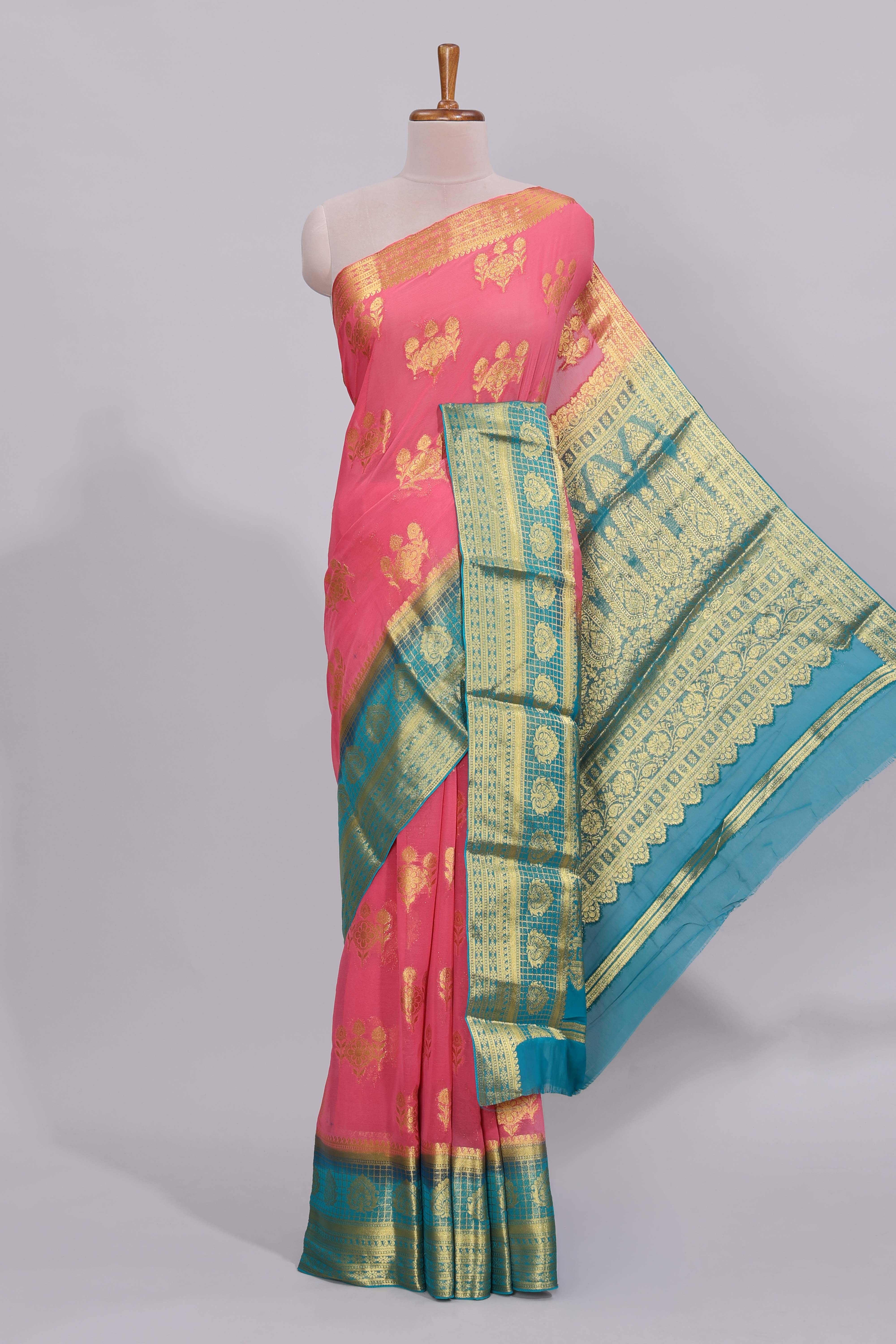 Pink floral zari motifs viscose georgette saree with contrast checked zari border and blouse