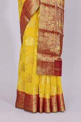 Yellow floral zari motifs viscose georgette saree with contrast checked zari border and blouse