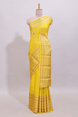 Bright yellow diagonal and vertical striped weave design viscose georgette saree with self zari border and blouse