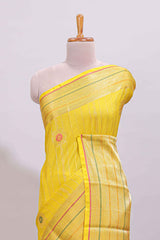 Bright yellow diagonal and vertical striped weave design viscose georgette saree with self zari border and blouse