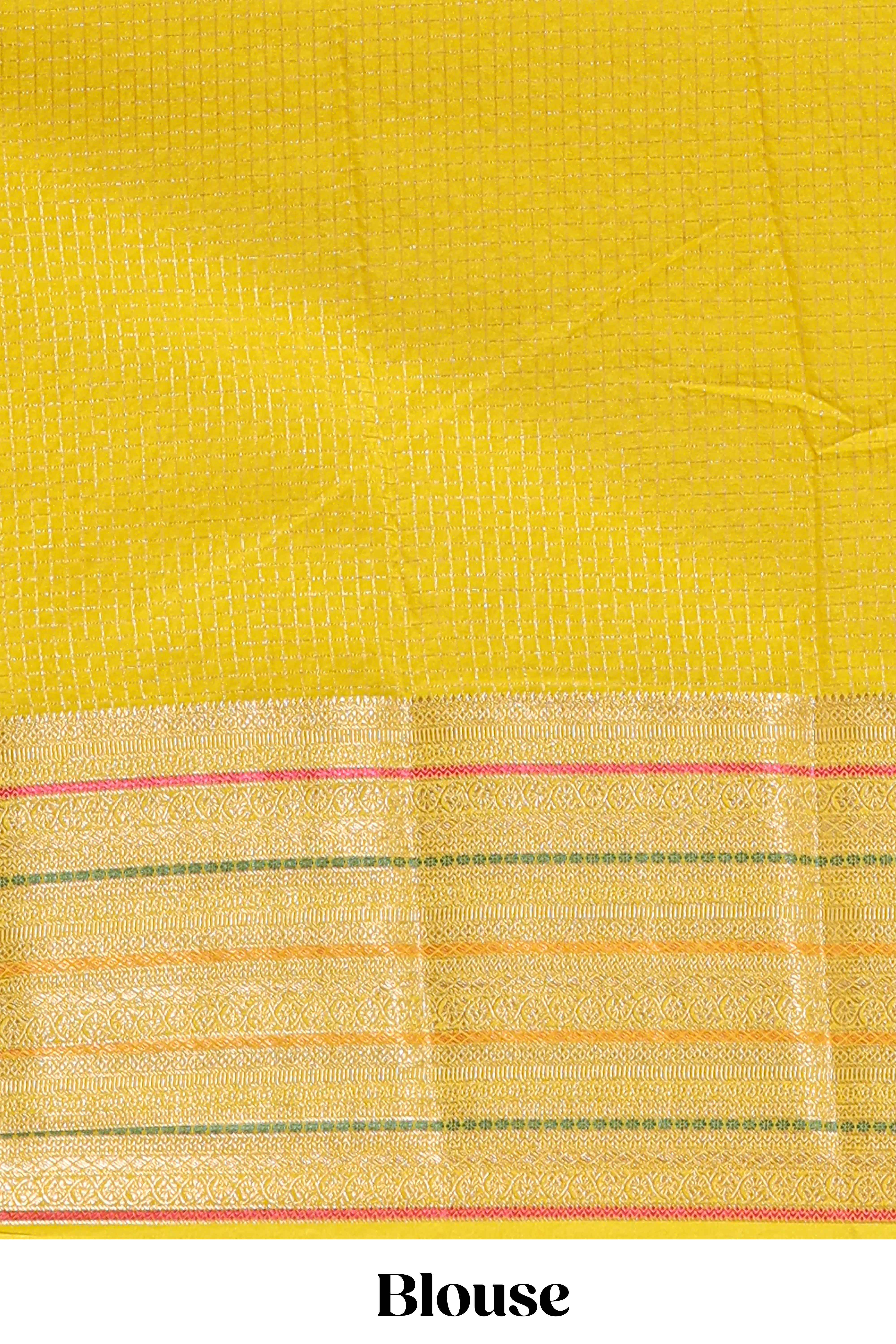 Bright yellow diagonal and vertical striped weave design viscose georgette saree with self zari border and blouse