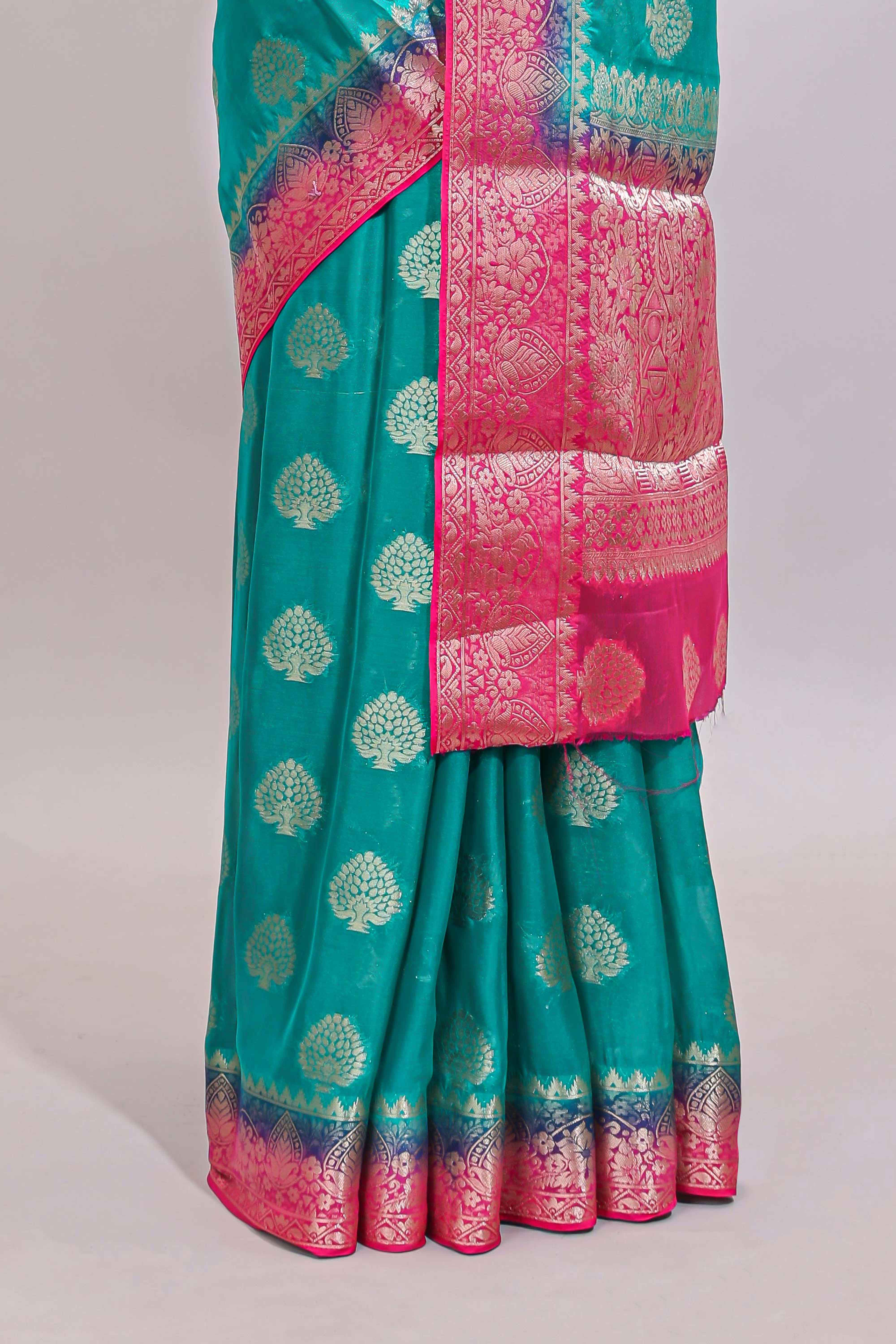 Teal Blue paisley zari butta design viscose georgette saree with Contrast zari border and blouse