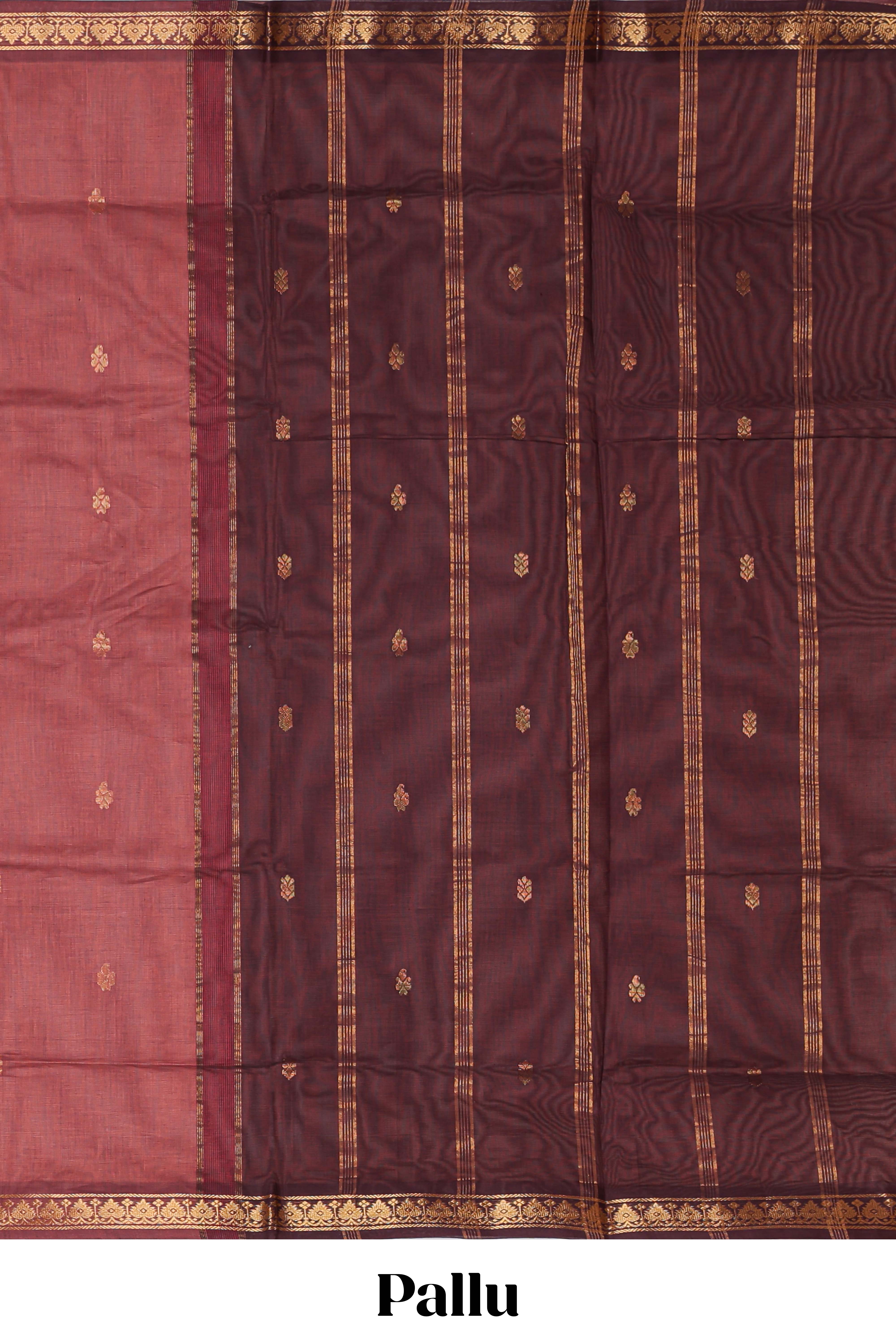Maroon zari motifs venkatagiri cotton saree with self zari border and matching blouse