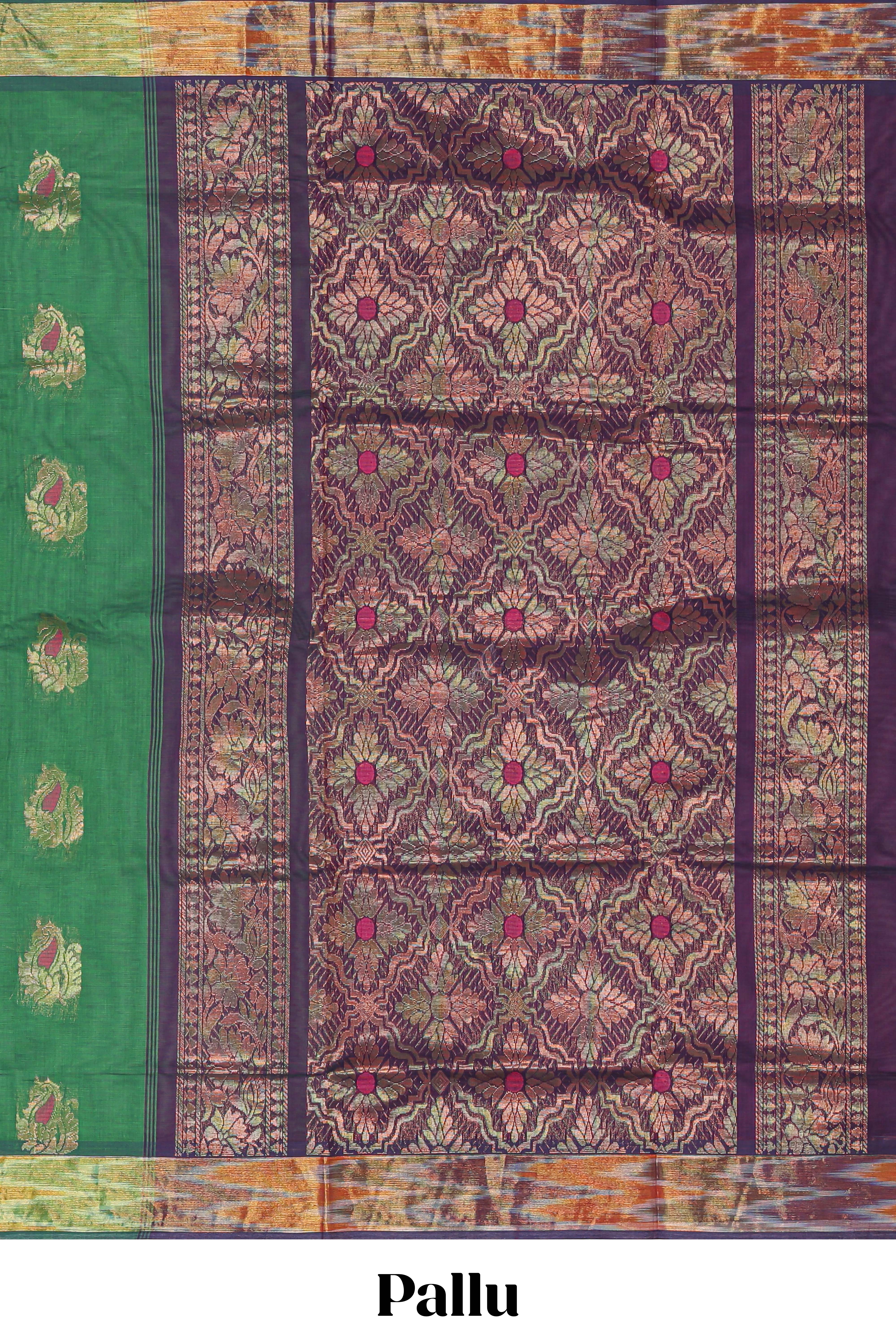 Green floral zari motifs venkatagiri cotton saree with self zari border and contrast blouse