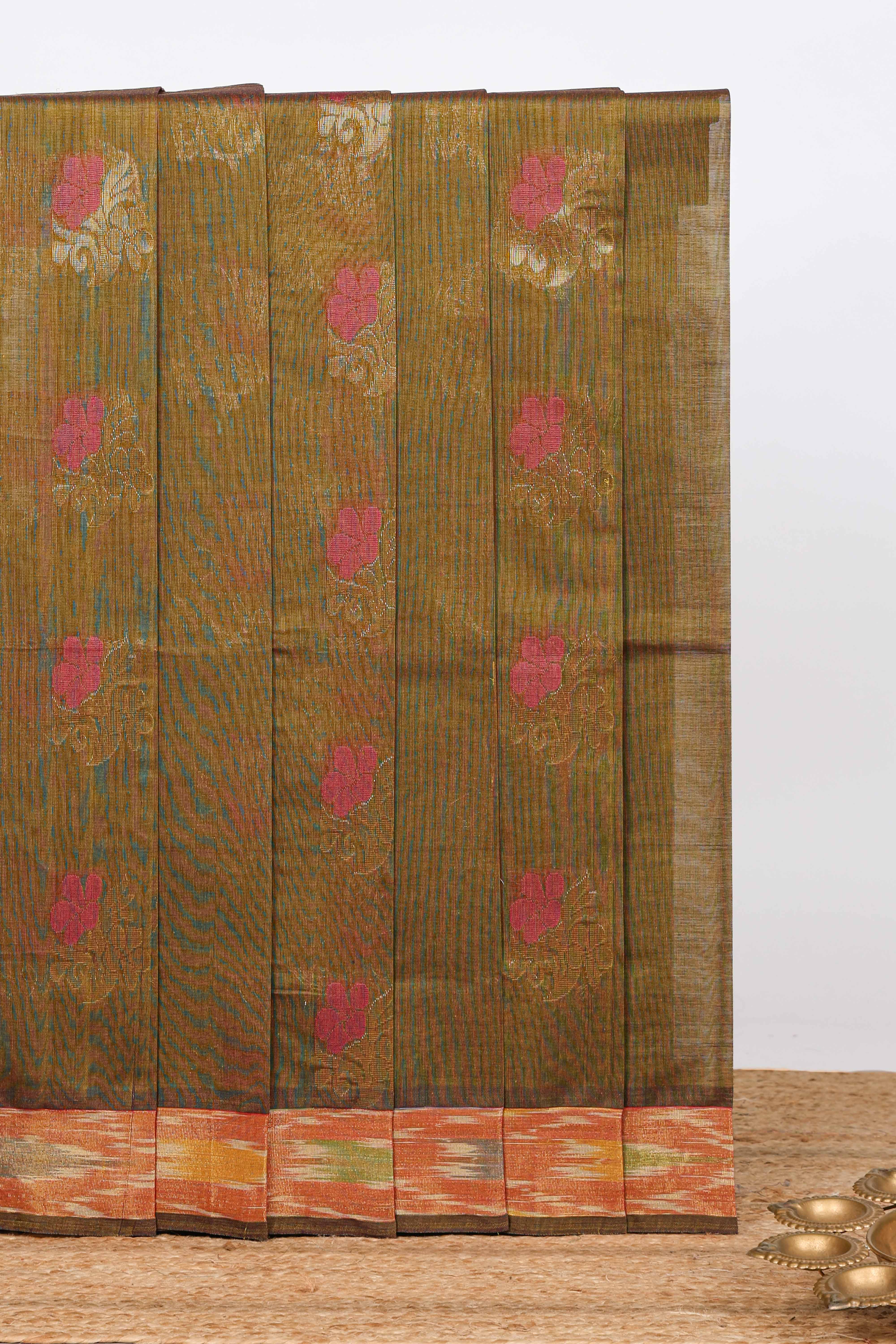Olive green floral zari motifs venkatagiri cotton saree with self ikkat style border and contrast blouse