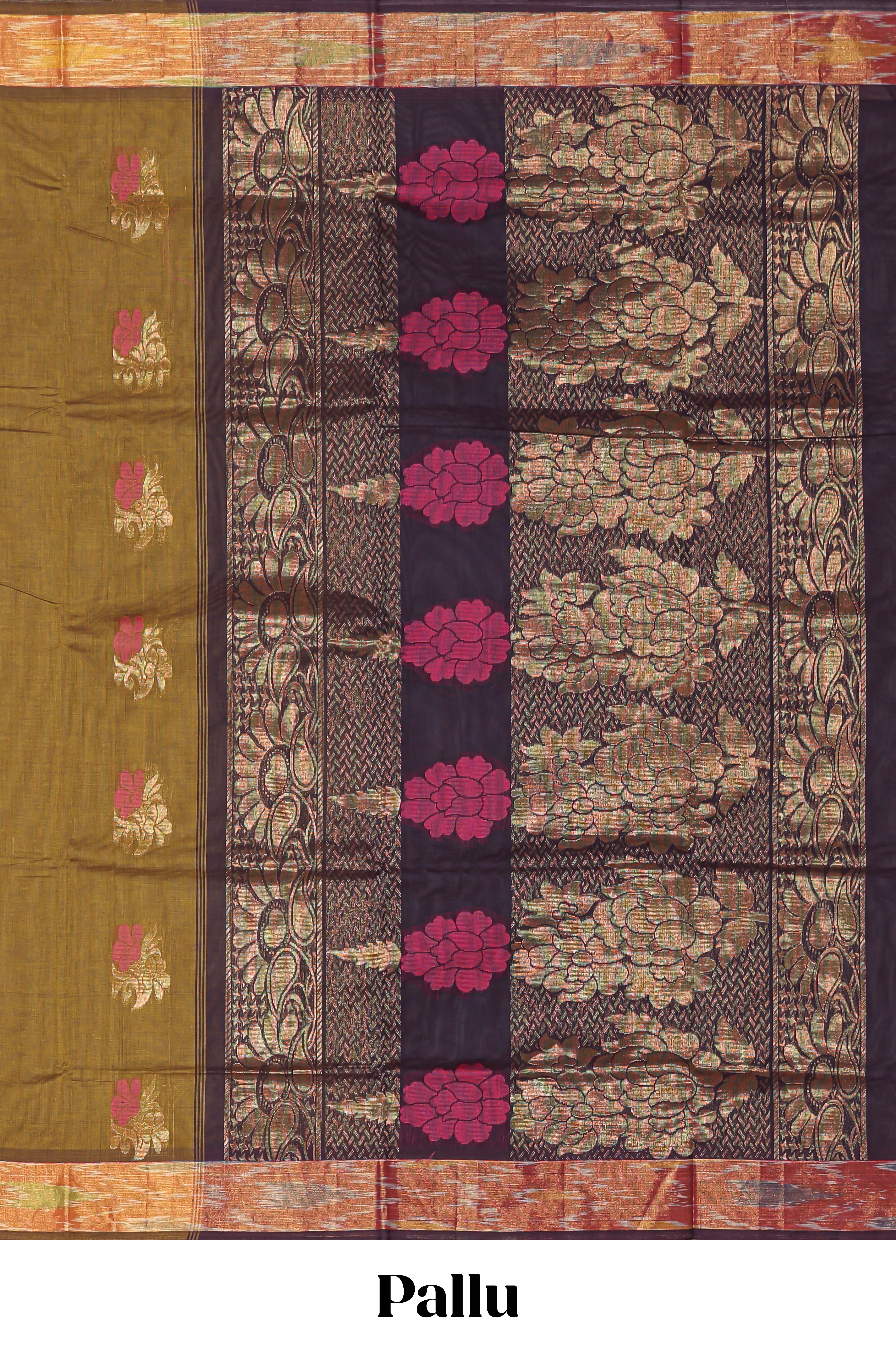 Olive green floral zari motifs venkatagiri cotton saree with self ikkat style border and contrast blouse
