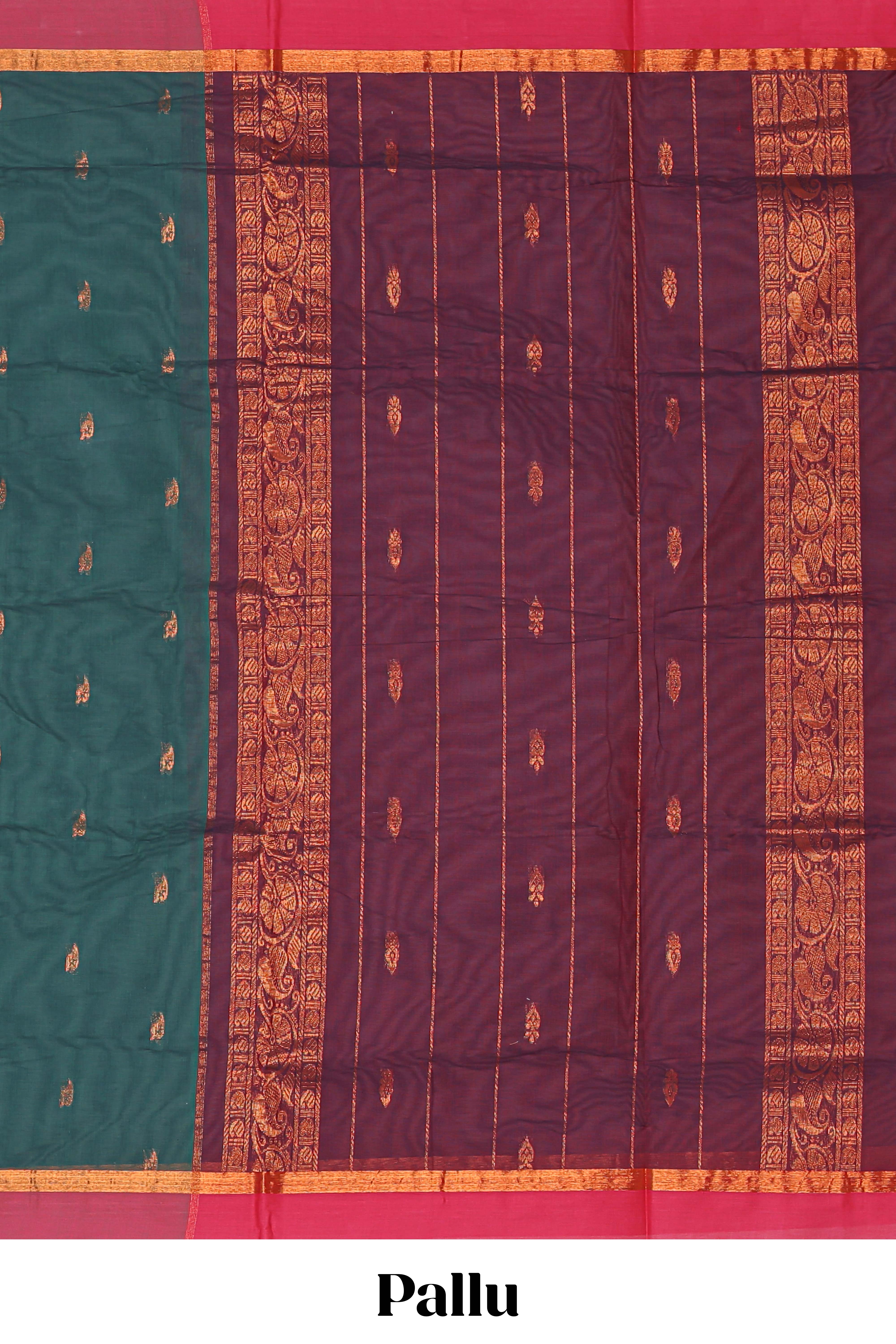 Dark green zari motifs venkatagiri cotton saree with contrast border and contrast blouse