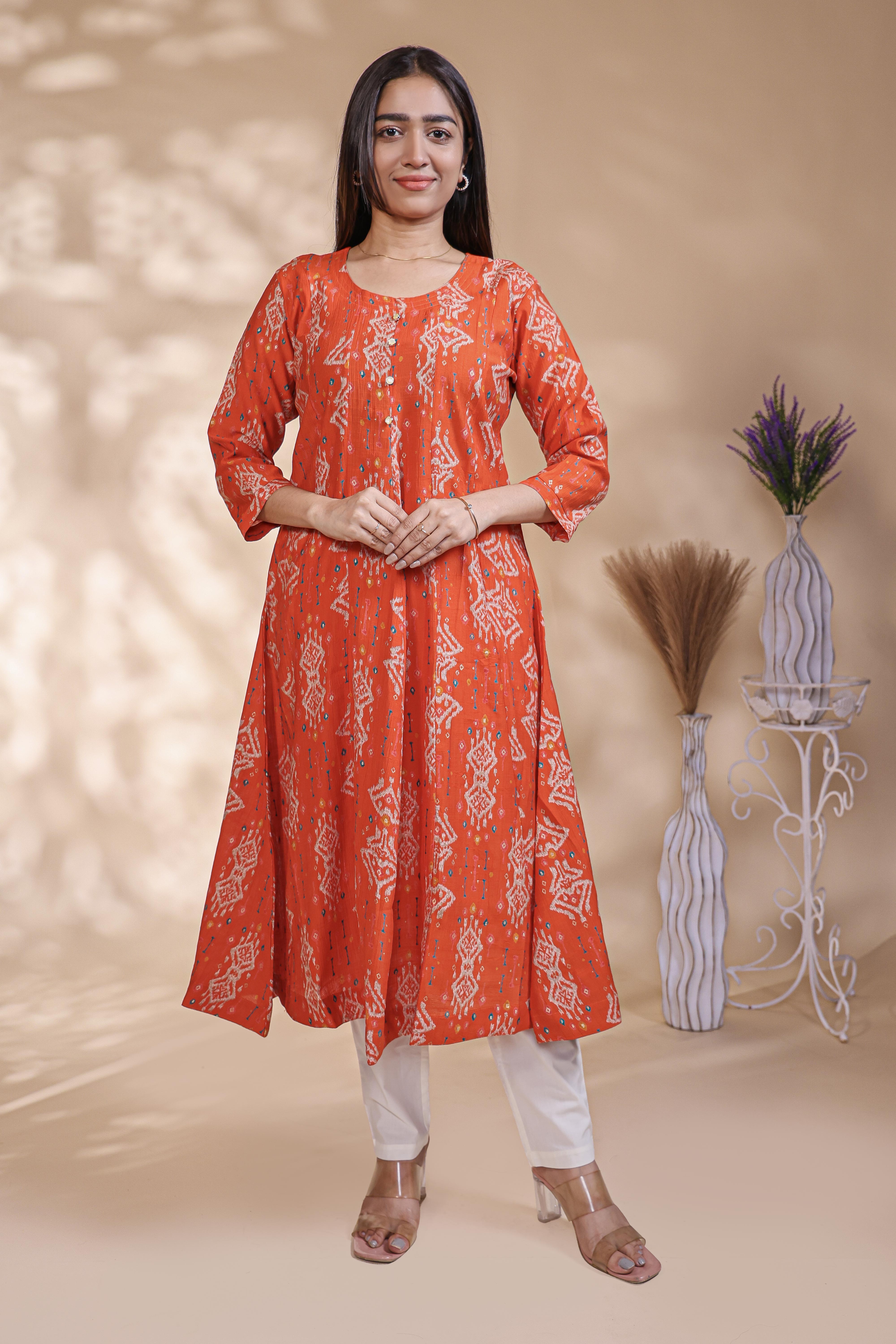 Rust Orange Printed Anarkali Kurti with Round Neck and 3/4 Sleeves