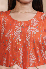 Rust Orange Printed Anarkali Kurti with Round Neck and 3/4 Sleeves