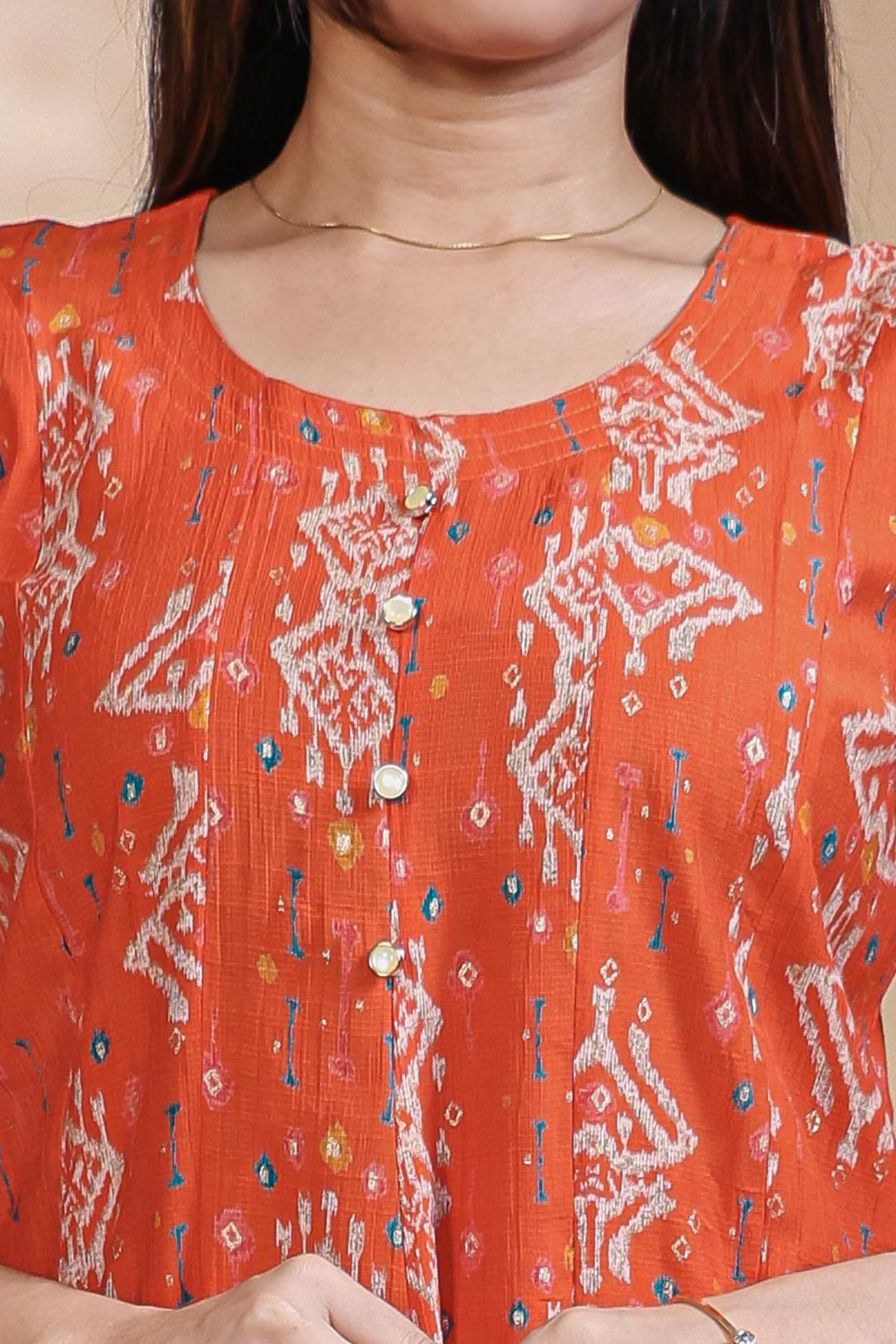 Rust Orange Printed Anarkali Kurti with Round Neck and 3/4 Sleeves