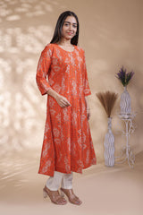 Rust Orange Printed Anarkali Kurti with Round Neck and 3/4 Sleeves