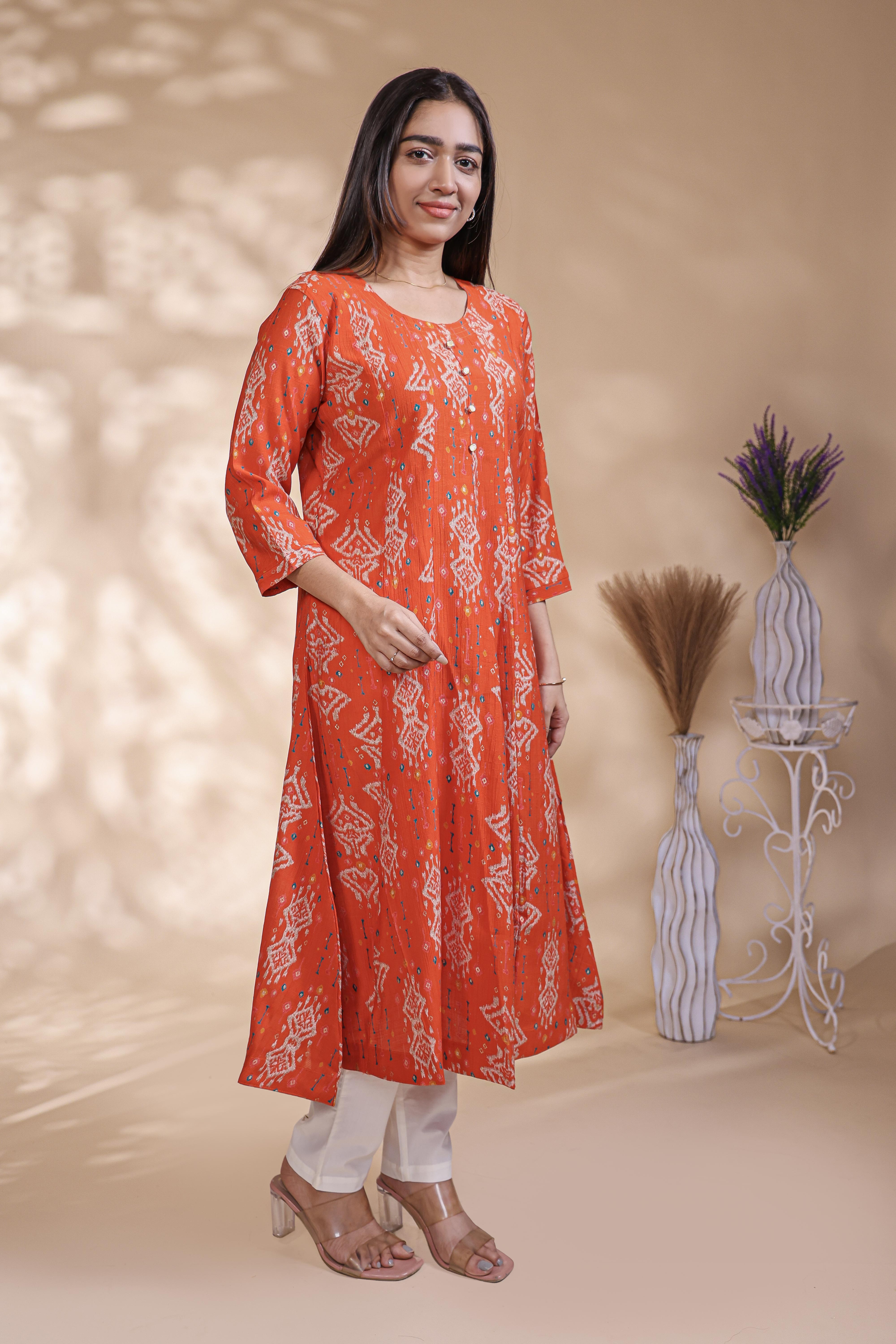 Rust Orange Printed Anarkali Kurti with Round Neck and 3/4 Sleeves
