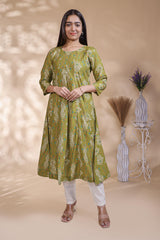 Green Printed Anarkali Kurti with Round Neck and 3/4 Sleeves