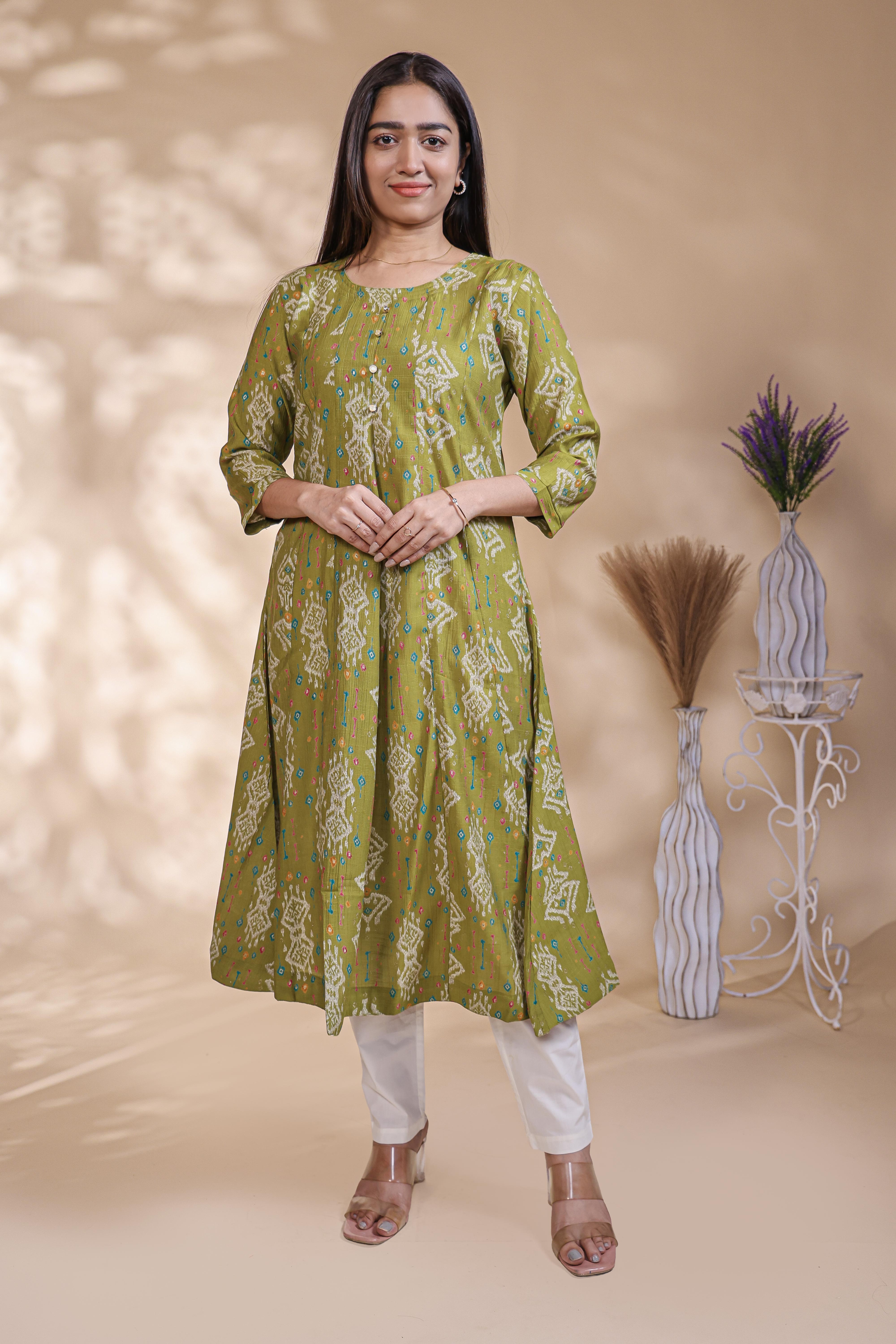 Green Printed Anarkali Kurti with Round Neck and 3/4 Sleeves