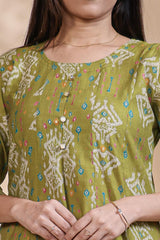 Green Printed Anarkali Kurti with Round Neck and 3/4 Sleeves