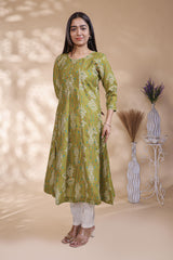 Green Printed Anarkali Kurti with Round Neck and 3/4 Sleeves