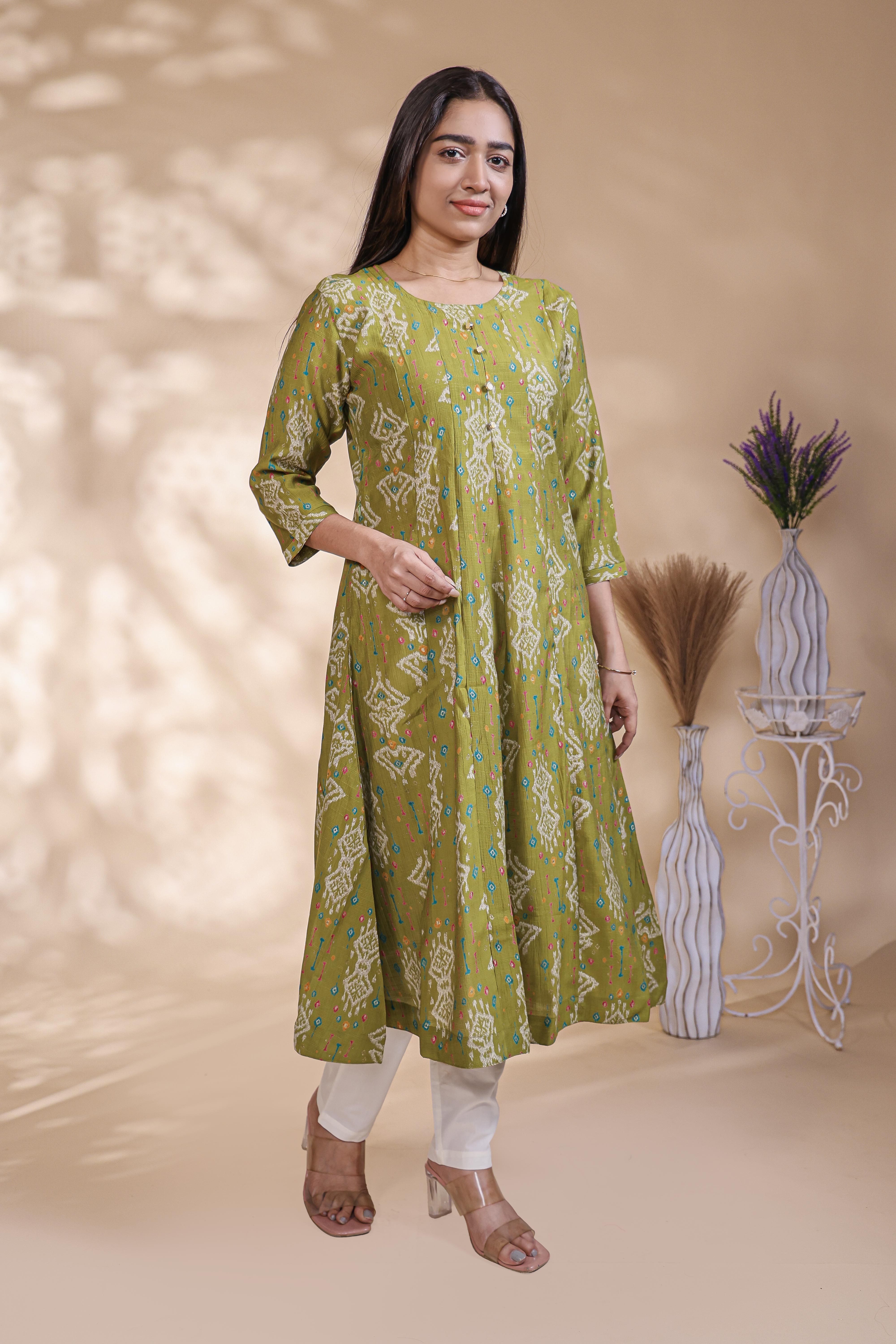 Green Printed Anarkali Kurti with Round Neck and 3/4 Sleeves