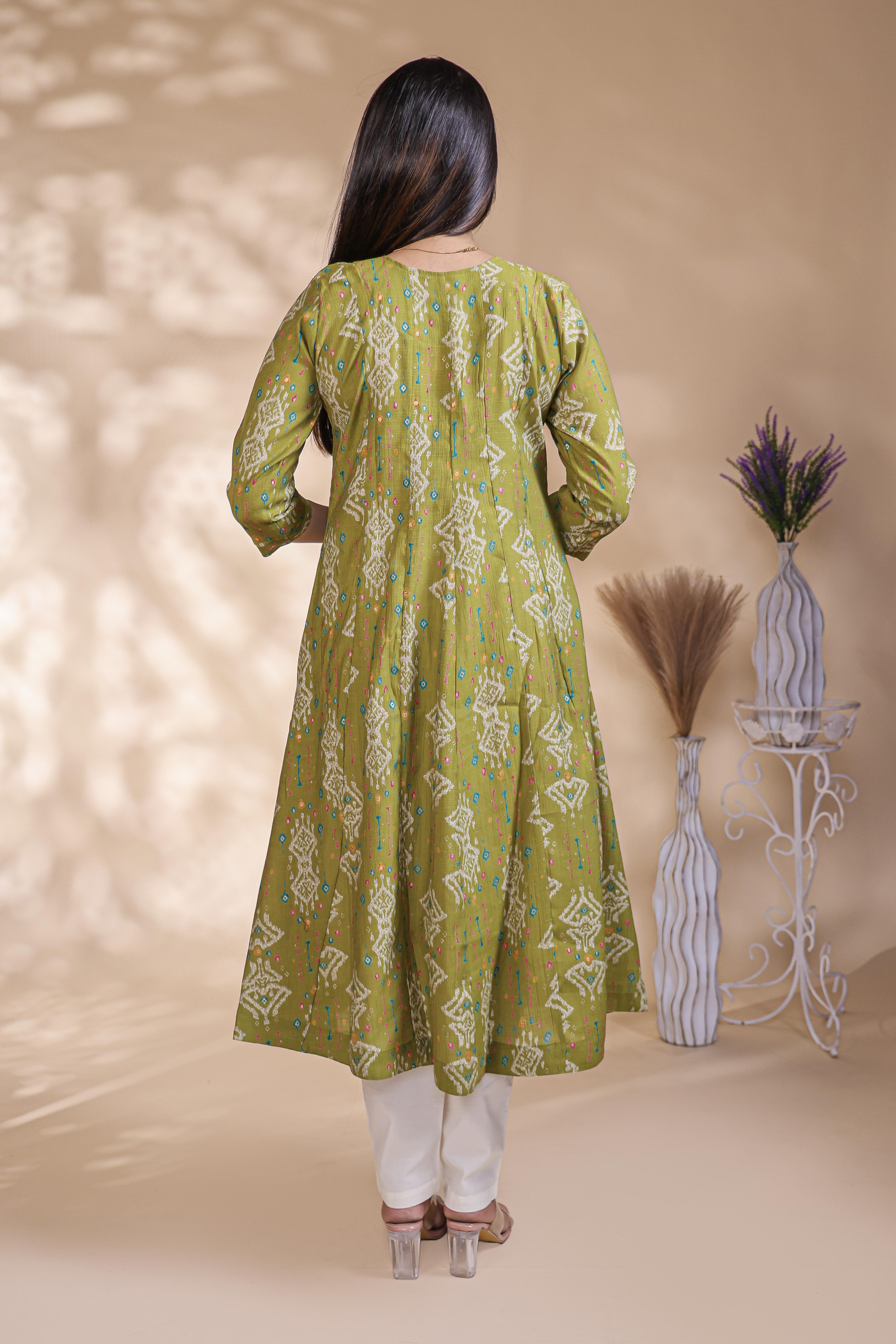 Green Printed Anarkali Kurti with Round Neck and 3/4 Sleeves