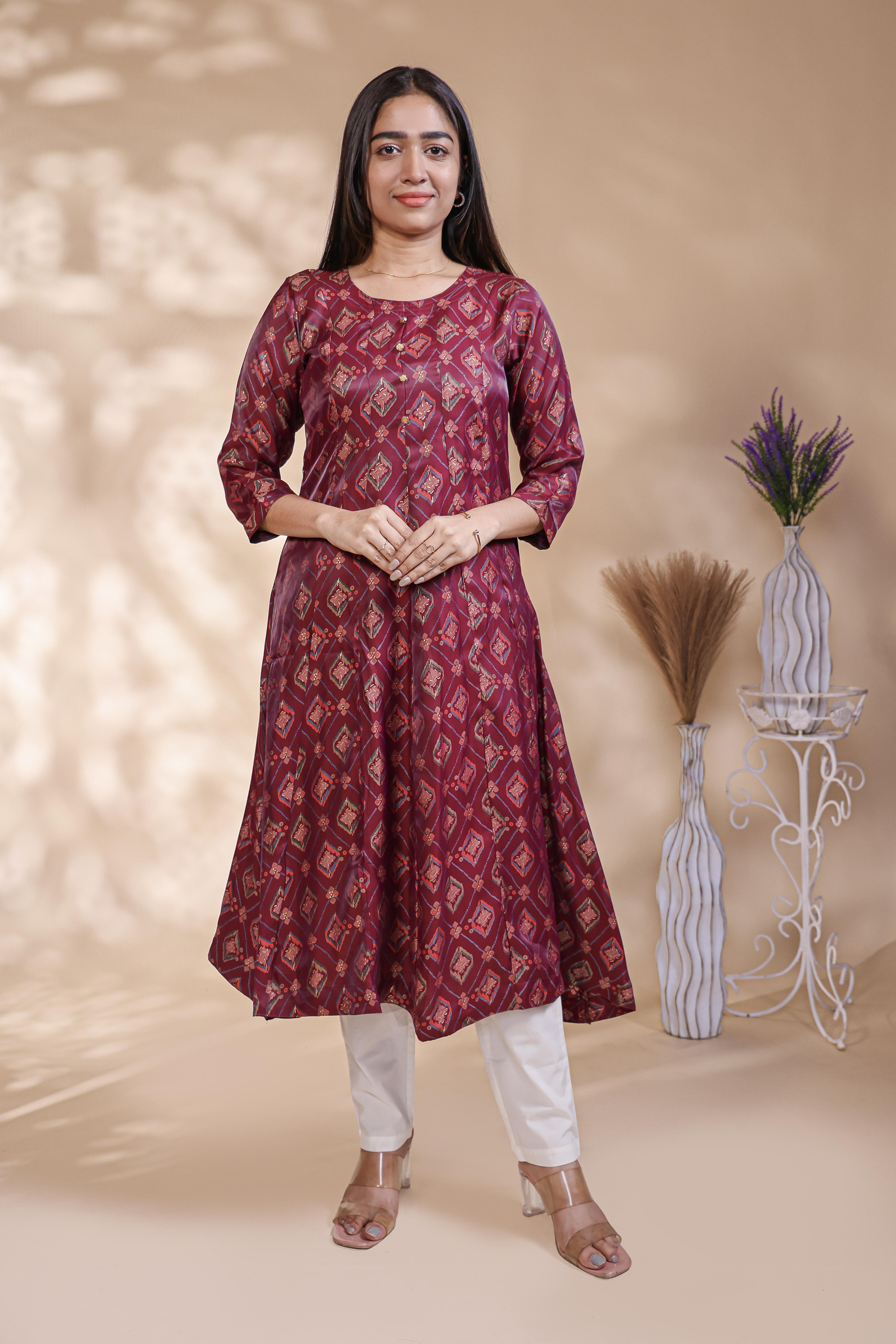 Maroon geometric Printed Anarkali Kurti with Round Neck and 3/4 Sleeves