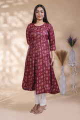 Maroon geometric Printed Anarkali Kurti with Round Neck and 3/4 Sleeves