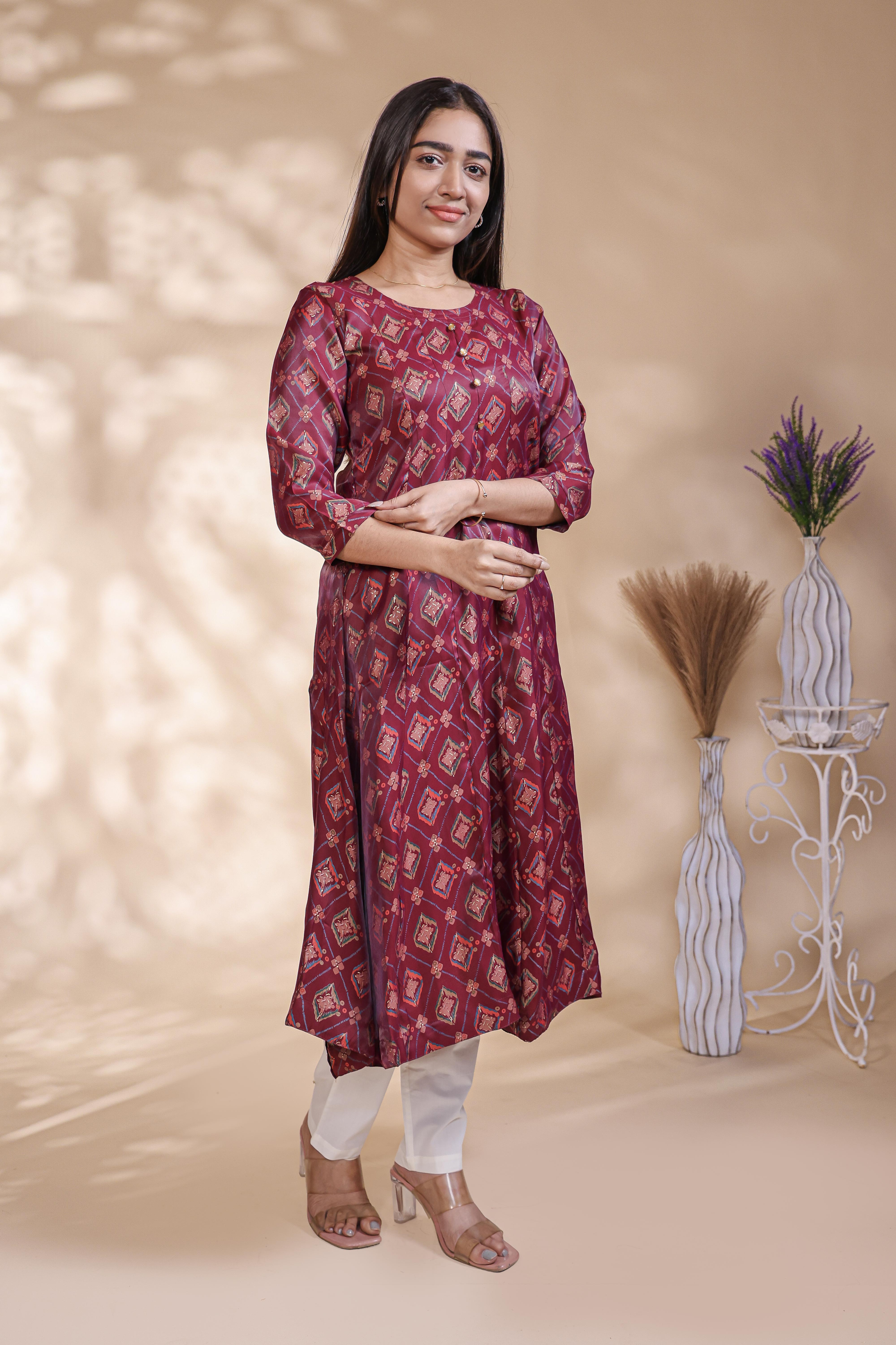 Maroon geometric Printed Anarkali Kurti with Round Neck and 3/4 Sleeves