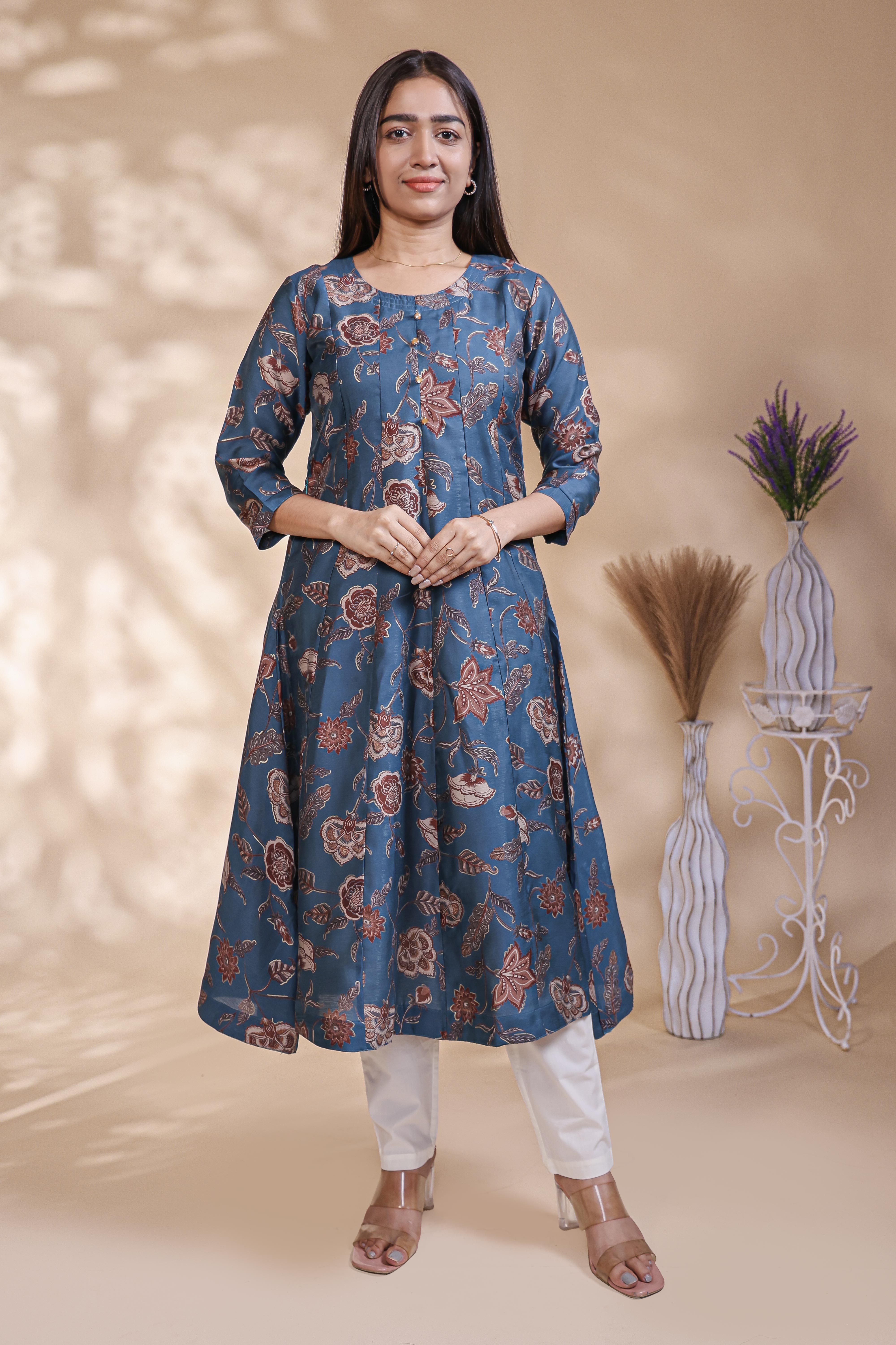 Blue floral Printed Anarkali Kurti with Round Neck and 3/4 Sleeves