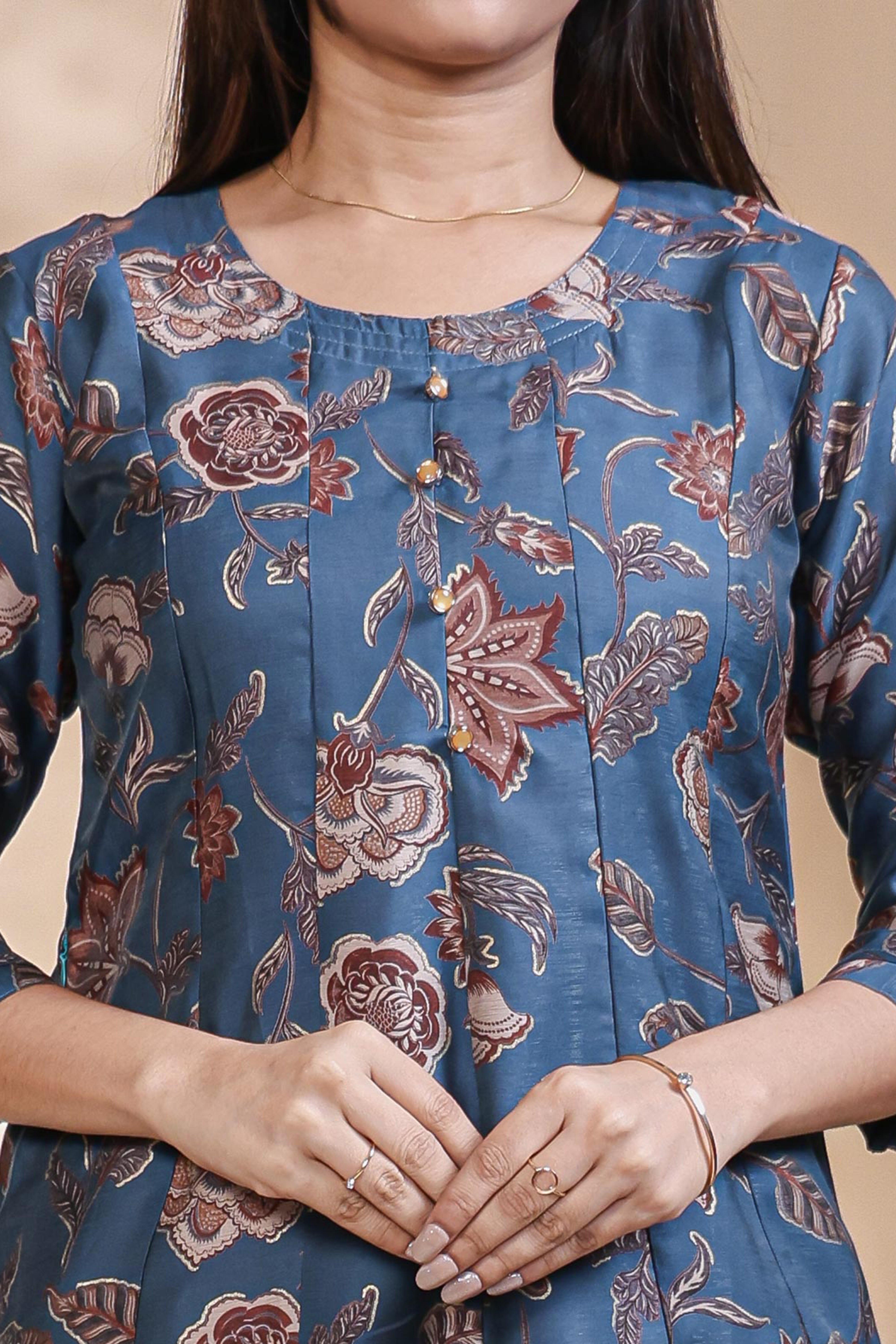 Blue floral Printed Anarkali Kurti with Round Neck and 3/4 Sleeves