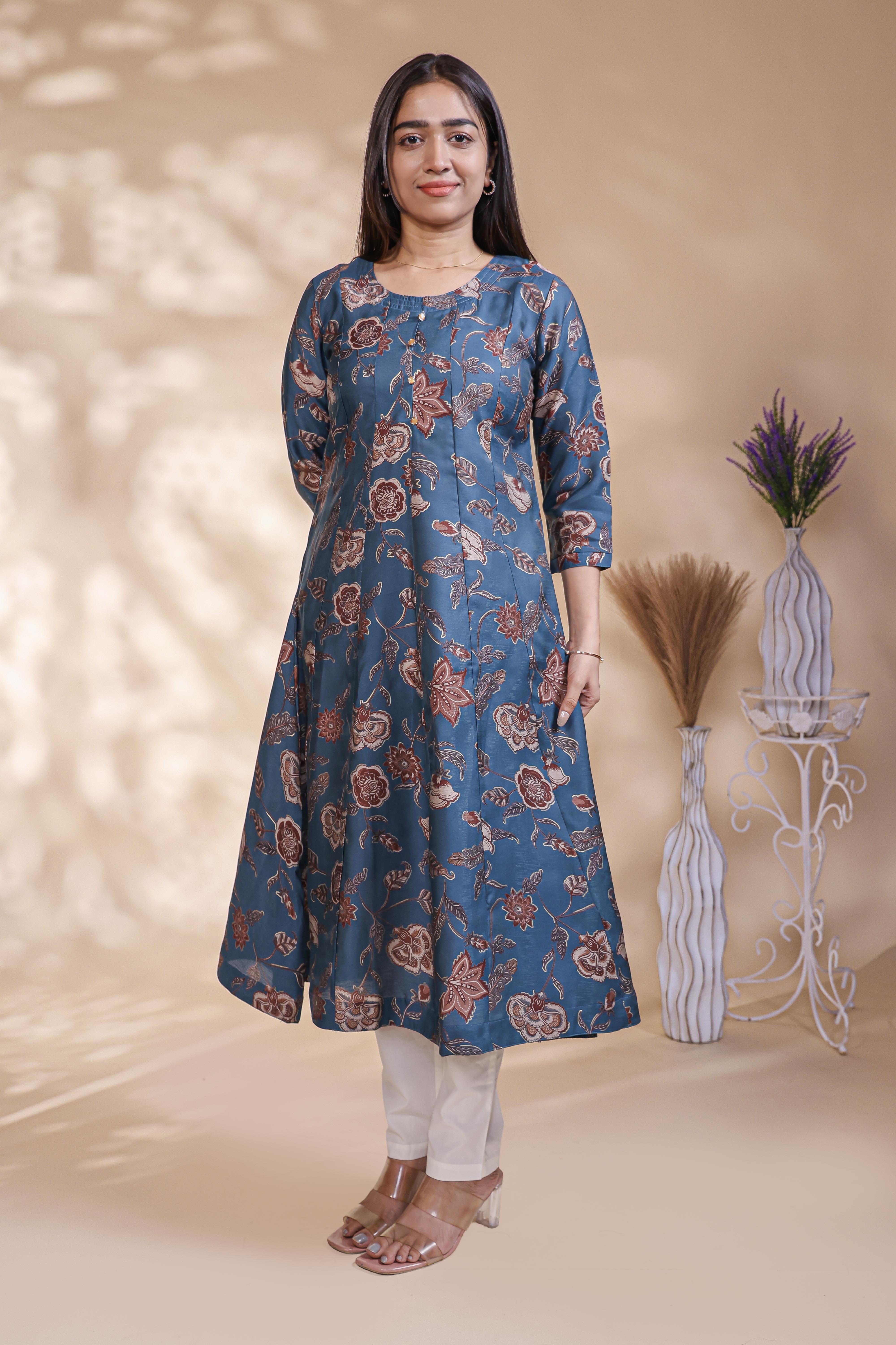 Blue floral Printed Anarkali Kurti with Round Neck and 3/4 Sleeves