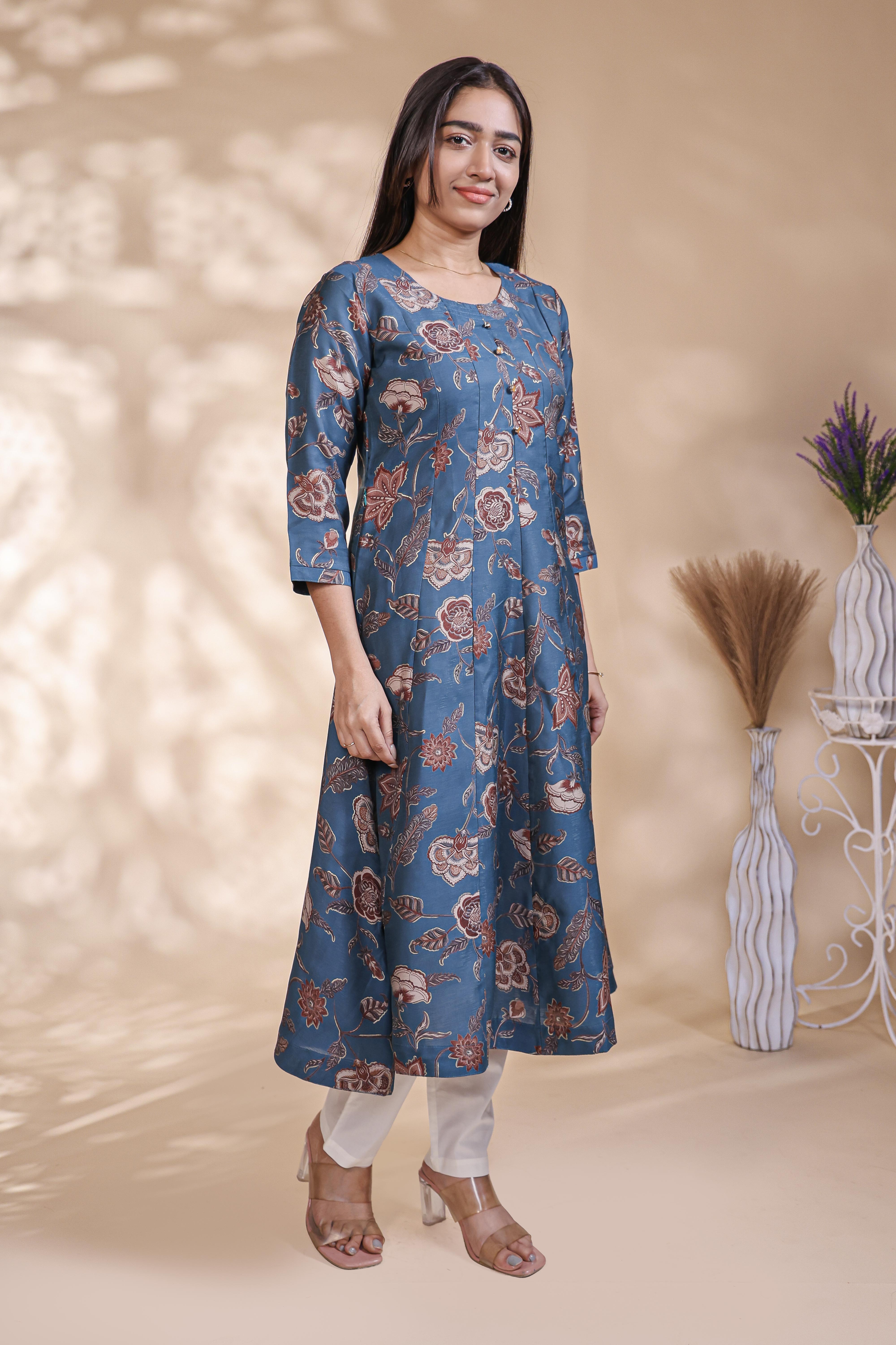 Blue floral Printed Anarkali Kurti with Round Neck and 3/4 Sleeves