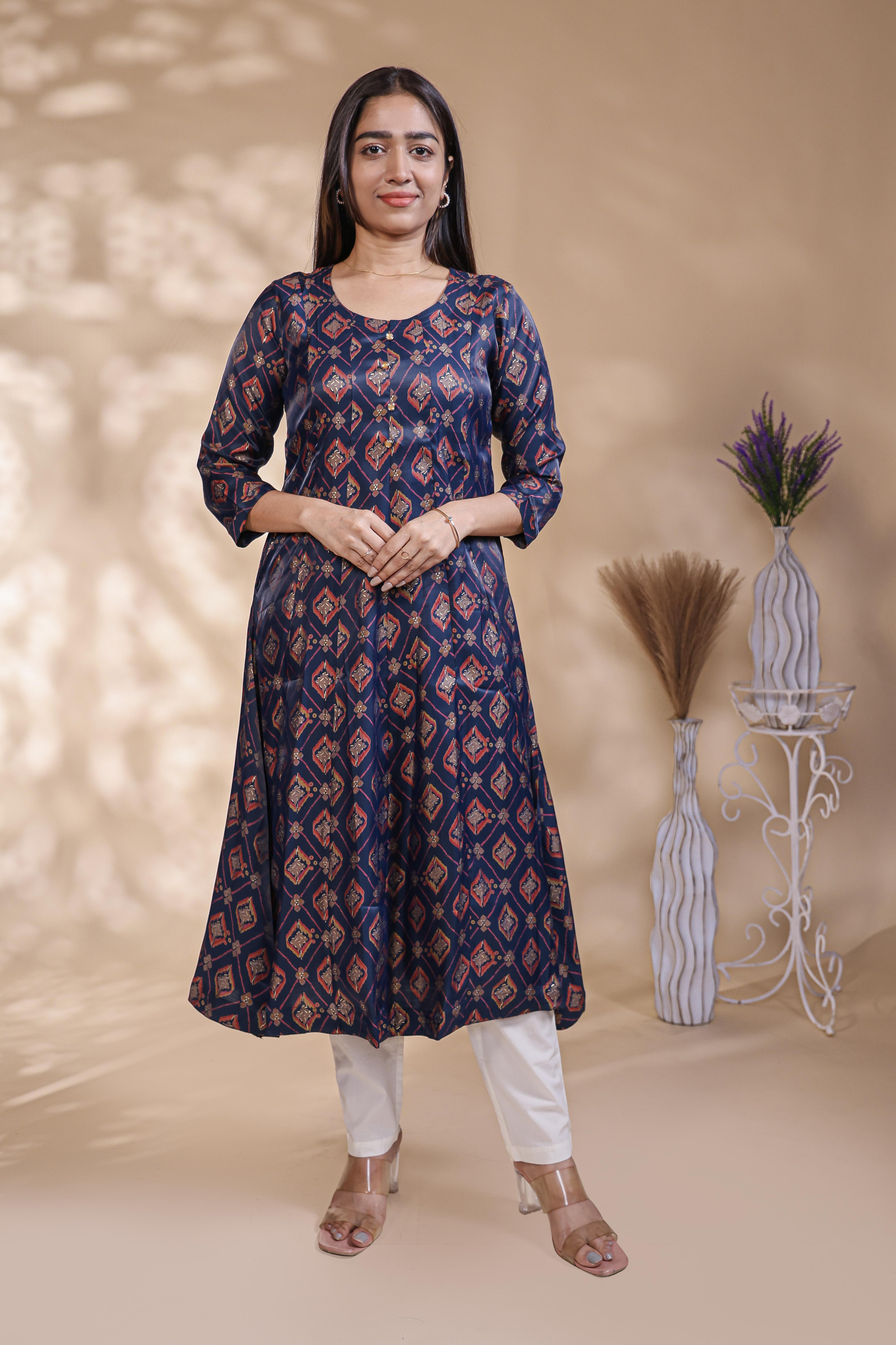 Blue geometric Printed Anarkali Kurti with Round Neck and 3/4 Sleeves