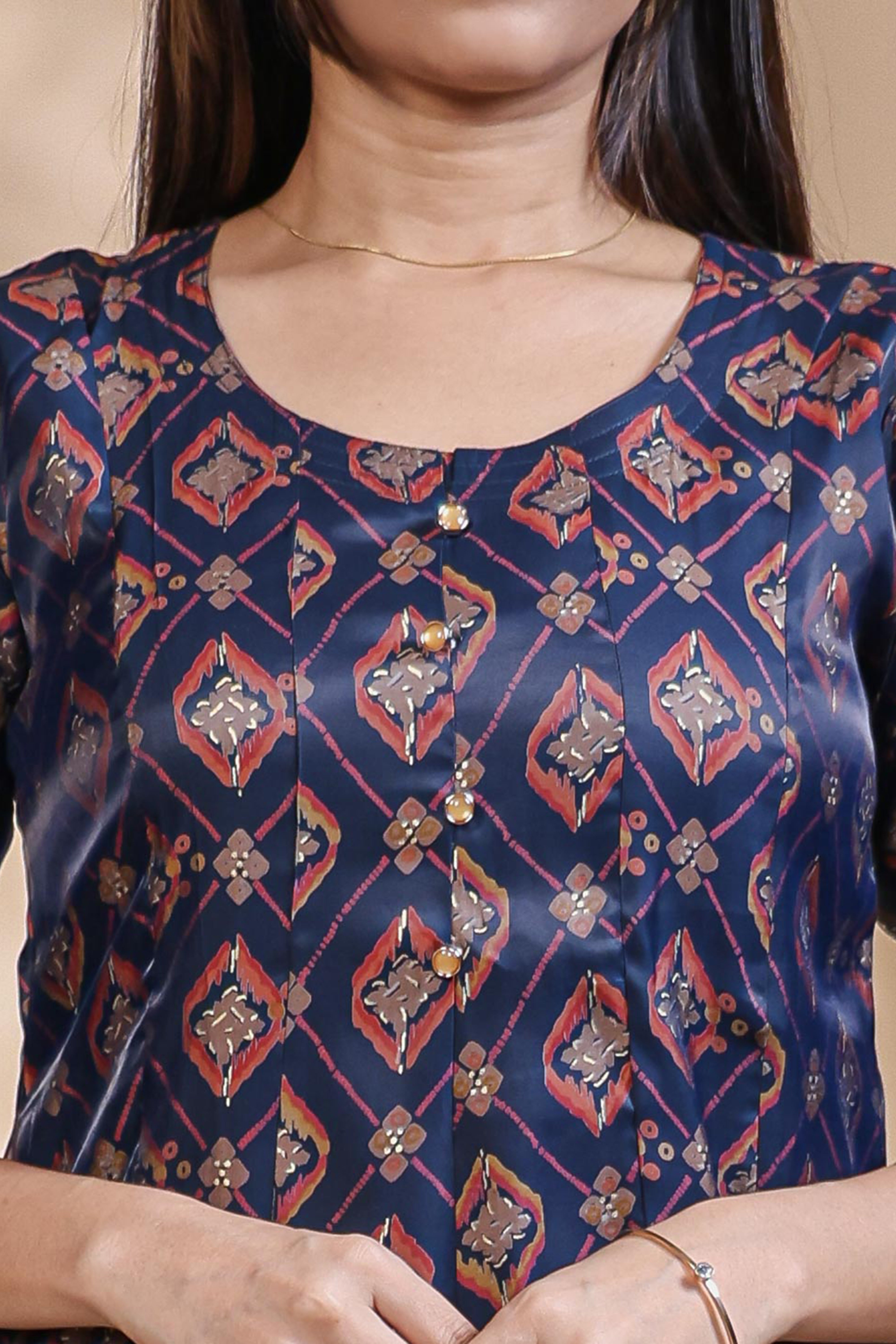 Blue geometric Printed Anarkali Kurti with Round Neck and 3/4 Sleeves