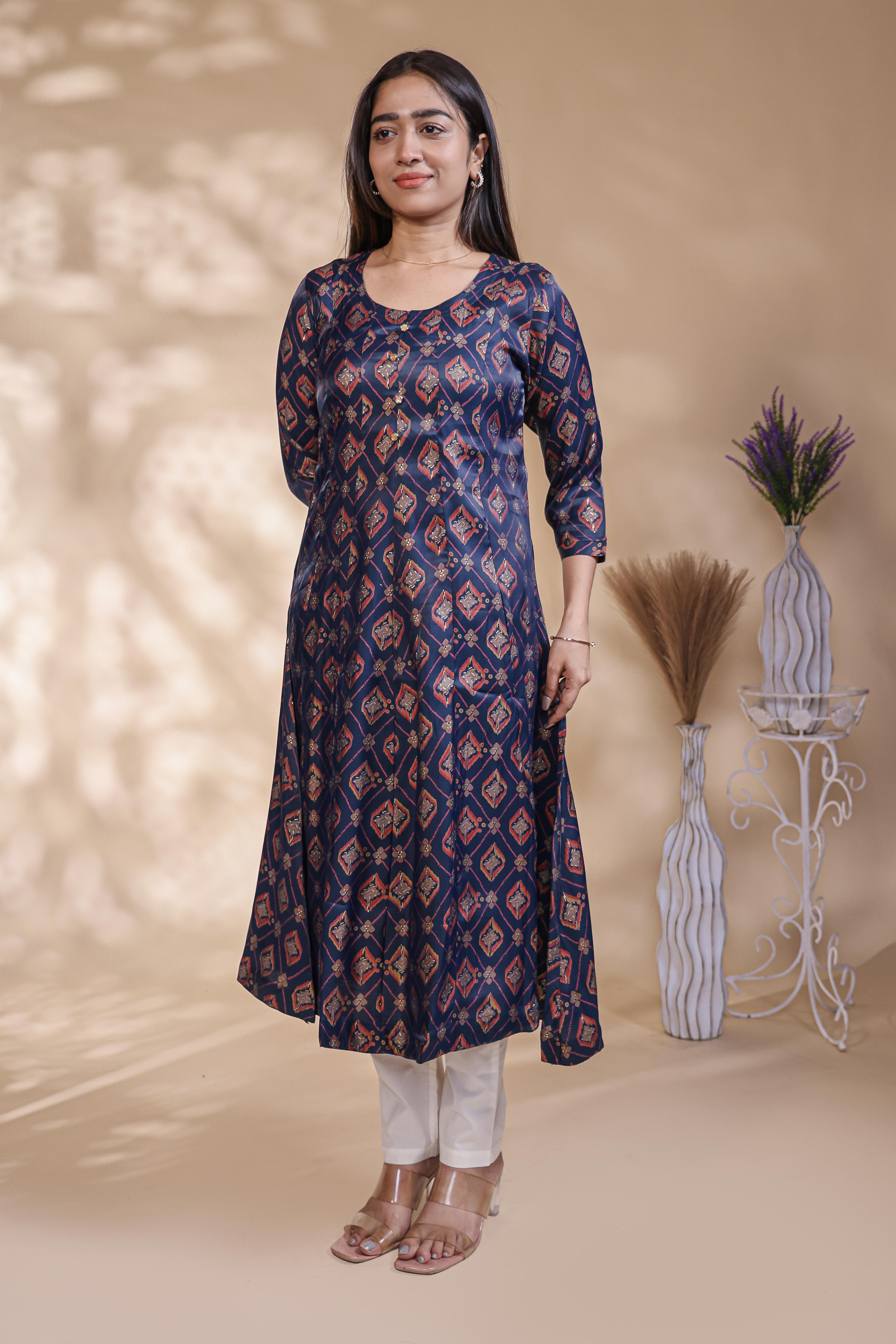 Blue geometric Printed Anarkali Kurti with Round Neck and 3/4 Sleeves